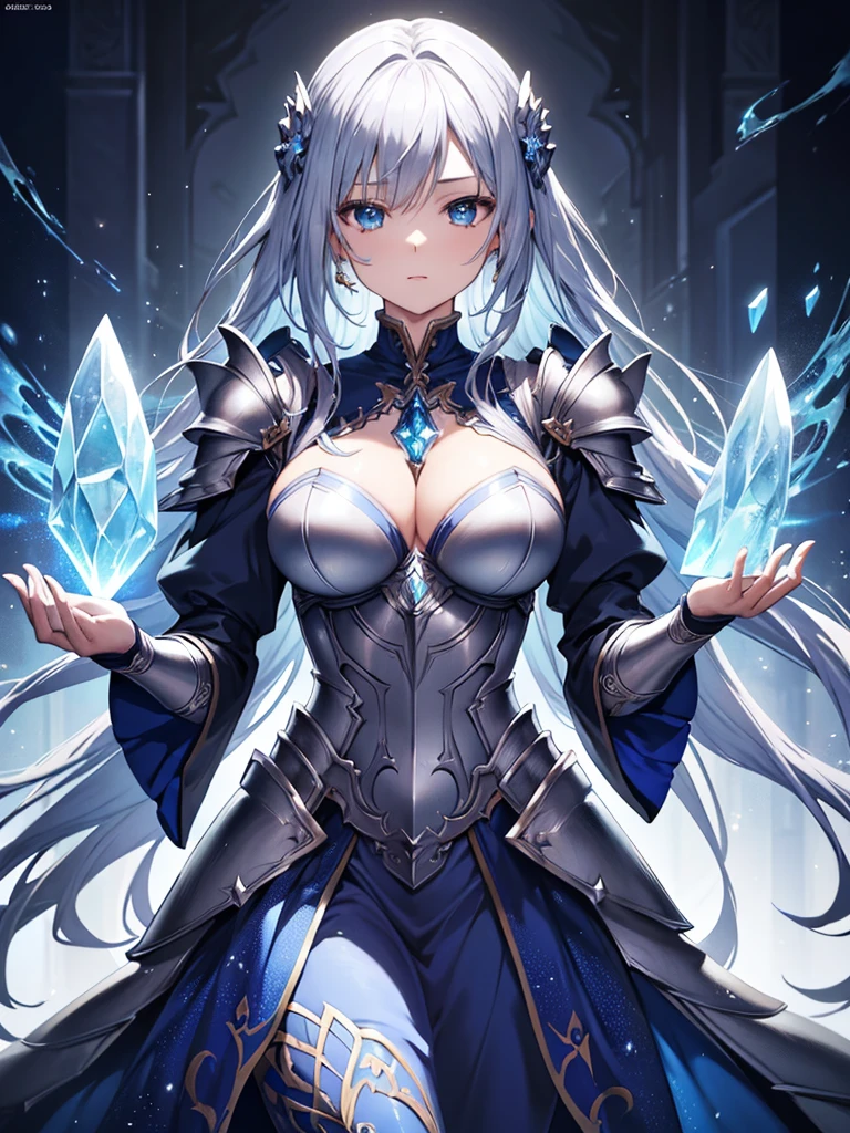 Close-up of woman in silver and blue dress,  Detailed fantasy art, Amazing character art, Fan Art Best Art Station, Magnificent and elaborate character art, Beautiful Armor, Highly detailed art gems, Detailed digital anime art, Art Station pixiv&#39;s artgerm, Armor Girl