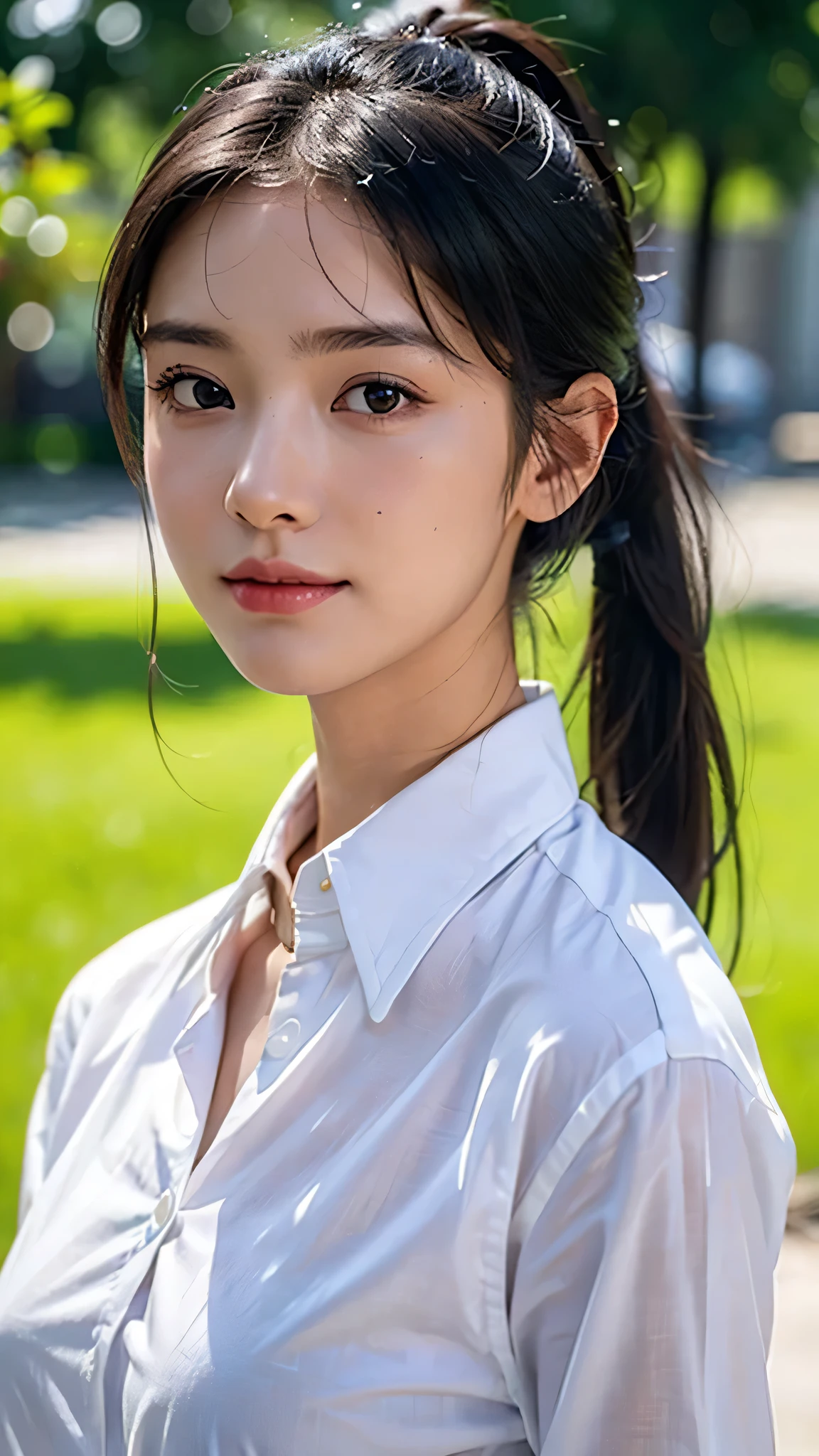 White collared shirt,jeans,outdoors,Urban Park,On the lawn,One woman,close up face,fully body photo,masutepiece, The highest image quality, High quality, the background is clear,Beautiful woman, Japanese, Detailed, Ultra-detailed, finely detail, hight resolution, 8K Wallpaper, Perfect dynamic composition, Beautiful detailed eyes ,Detailed eyes, Detailed skin, Beautiful skin, 超hight resolution, (reality: 1.4),Very beautiful woman, Slightly younger face, Beautiful skin, slender, (Ultra photo realsisim), (hight resolution), (8K), (Very detailed) (beautifully detailed eyes), (super detailed), (Detailed face), view the viewer, Fine details, Detailed face, Staring straight ahead, Staring straight ahead, photos realistic, Bright lighting, Professional Lighting, Black hair,poneyTail,a baby face,sixteen years old,Hairstyle: ponytail,Long ponytail hairstyle,slight smile,