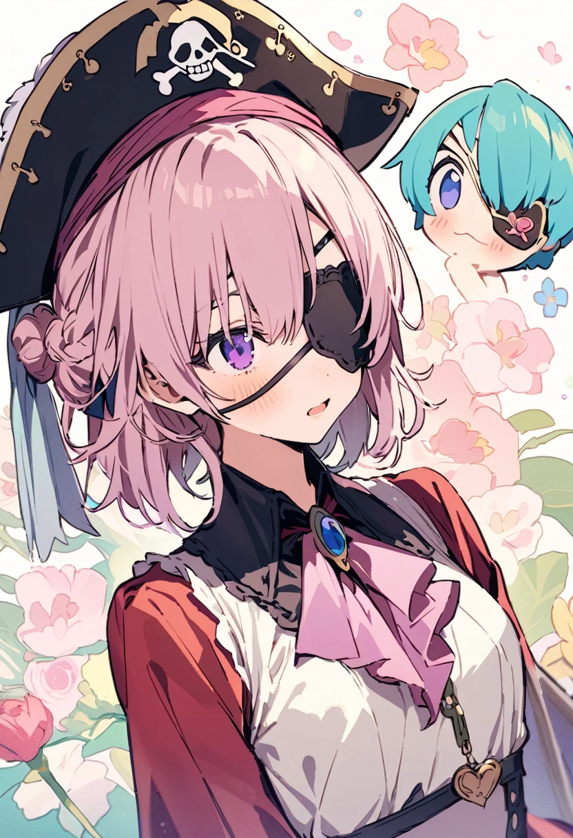 masterpiece, Highest quality, Illustration of the novel, High resolution, 18+ Adult content, Sensual, Intimate, Emotional, Passionate, romantic, sweet, Adorable, Innocent, Pure, Charmな, Charmな, Charm, mysterious, Charmな, Charmな, Immersive, Charmな, dream-like, Surreal, Imaginative, Whimsical, Artistic, Avant-garde, timeless, elegant, Sophisticated, chic, Sophisticated, personality, original, Charmな,(( Pirate:1.3)),((Eye patch:1.3))、((Upper Body:1.3))
