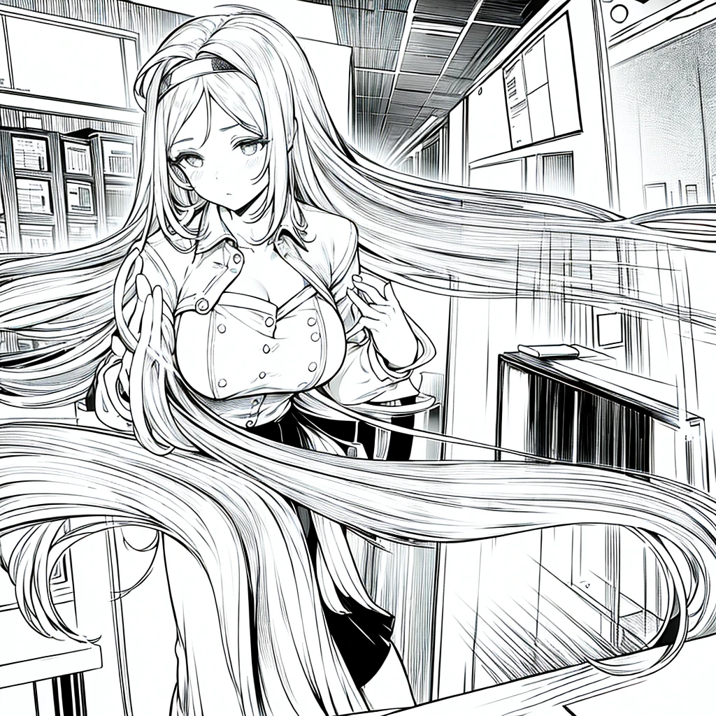 masterpiece, best quality, long straight hair, female, childlike expression, office worker suit, girl, ( There is only one person ), embarrassed expression, big bust