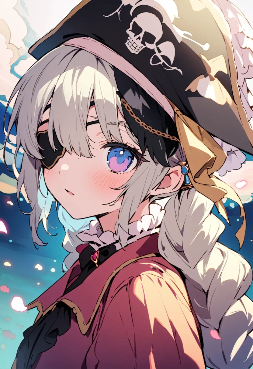 masterpiece, Highest quality, Illustration of the novel, High resolution, 18+ Adult content, Sensual, Intimate, Emotional, Passionate, romantic, sweet, Adorable, Innocent, Pure, Charmな, Charmな, Charm, mysterious, Charmな, Charmな, Immersive, Charmな, dream-like, Surreal, Imaginative, Whimsical, Artistic, Avant-garde, timeless, elegant, Sophisticated, chic, Sophisticated, personality, original, Charmな,((Loli Pirate:1.3)),((Eye patch:1.3))、((Upper Body:1.3))