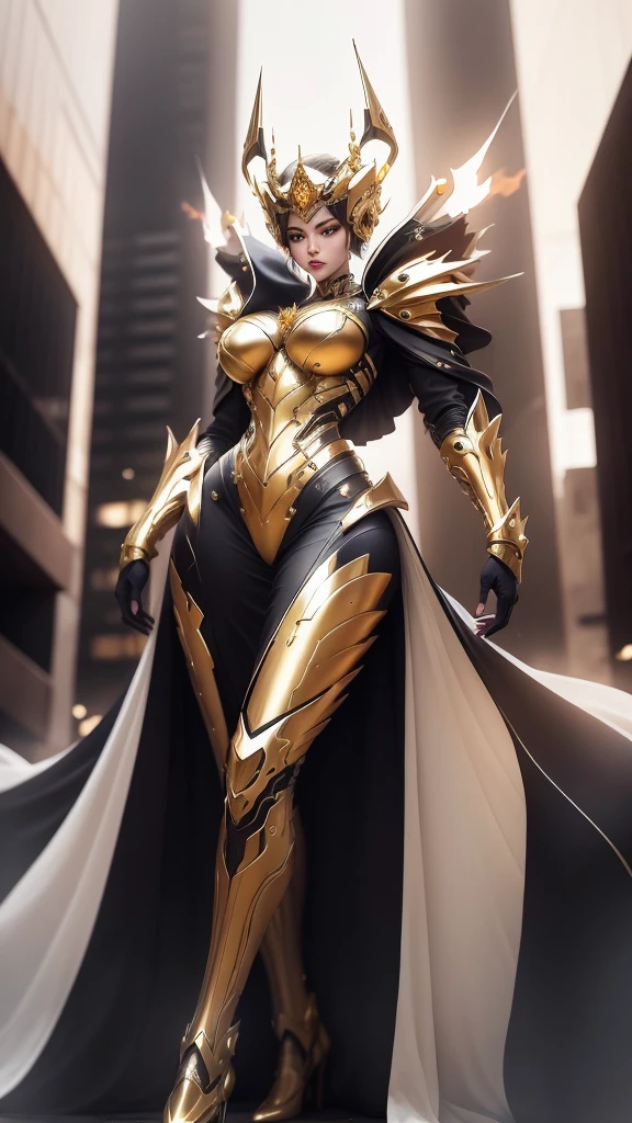 A woman adorned in fantasy-style full-body armor, a crown-concept fully enclosed helmet that unveils only her eyes, a composite layered chest plate, fully encompassing shoulder and hand guards, a lightweight waist armor, form-fitting shin guards, the overall design is heavy-duty yet flexible, (the armor gleams with a golden glow, complemented by red and blue accents), exhibiting a noble aura, she floats above a fantasy-surreal high-tech city, this character embodies a finely crafted fantasy-surreal style armored hero in anime style, exquisite and mature manga art style, (mixture of Queen bee and Spider concept Armor, plasma), ((Element, elegant, goddess, femminine:1.5)), metallic, high definition, best quality, highres, ultra-detailed, ultra-fine painting, extremely delicate, professional, anatomically correct, symmetrical face, extremely detailed eyes and face, high quality eyes, creativity, RAW photo, UHD, 32k, Natural light, cinematic lighting, masterpiece-anatomy-perfect, masterpiece:1.5
