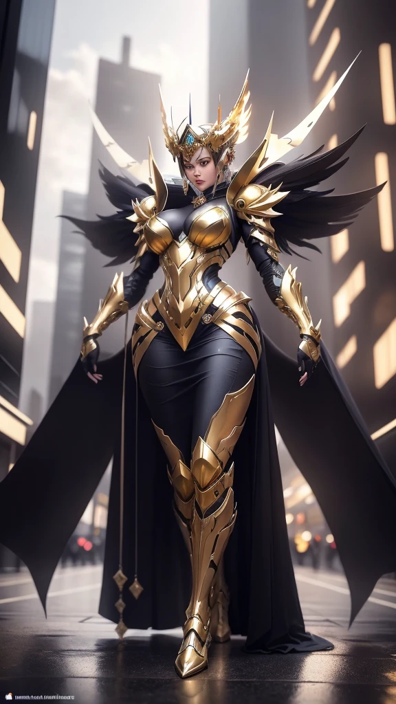 A woman adorned in fantasy-style full-body armor, a crown-concept fully enclosed helmet that unveils only her eyes, a composite layered chest plate, fully encompassing shoulder and hand guards, a lightweight waist armor, form-fitting shin guards, the overall design is heavy-duty yet flexible, (the armor gleams with a golden glow, complemented by red and blue accents), exhibiting a noble aura, she floats above a fantasy-surreal high-tech city, this character embodies a finely crafted fantasy-surreal style armored hero in anime style, exquisite and mature manga art style, (mixture of Queen bee and Spider concept Armor, plasma), ((Element, elegant, goddess, femminine:1.5)), metallic, high definition, best quality, highres, ultra-detailed, ultra-fine painting, extremely delicate, professional, anatomically correct, symmetrical face, extremely detailed eyes and face, high quality eyes, creativity, RAW photo, UHD, 32k, Natural light, cinematic lighting, masterpiece-anatomy-perfect, masterpiece:1.5