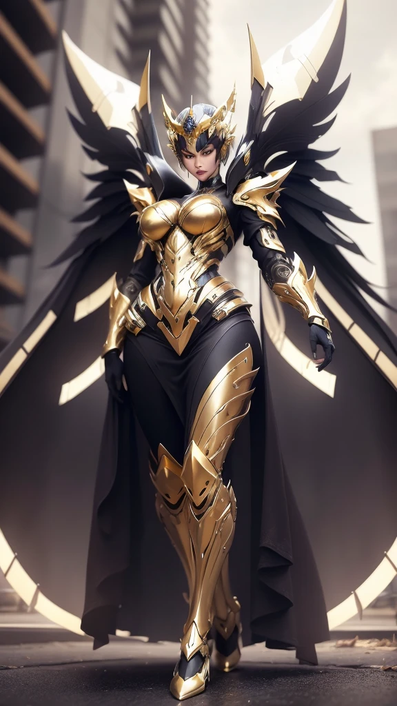 A woman adorned in fantasy-style full-body armor, a crown-concept fully enclosed helmet that unveils only her eyes, a composite layered chest plate, fully encompassing shoulder and hand guards, a lightweight waist armor, form-fitting shin guards, the overall design is heavy-duty yet flexible, (the armor gleams with a golden glow, complemented by red and blue accents), exhibiting a noble aura, she floats above a fantasy-surreal high-tech city, this character embodies a finely crafted fantasy-surreal style armored hero in anime style, exquisite and mature manga art style, (mixture of Queen bee and Spider concept Armor, plasma), ((Element, elegant, goddess, femminine:1.5)), metallic, high definition, best quality, highres, ultra-detailed, ultra-fine painting, extremely delicate, professional, anatomically correct, symmetrical face, extremely detailed eyes and face, high quality eyes, creativity, RAW photo, UHD, 32k, Natural light, cinematic lighting, masterpiece-anatomy-perfect, masterpiece:1.5