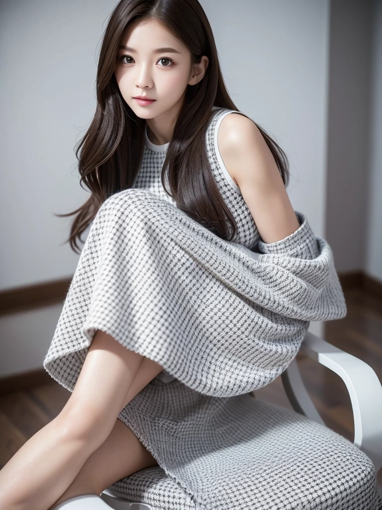 White Room、Houndstooth dress  、(Highest quality)), (Very detailed), ((Very detailed)), 4K, (8k), Highest quality, One person,Kind Face、Soft Light、RAW quality、Thighs、Heel、Sit on a chair