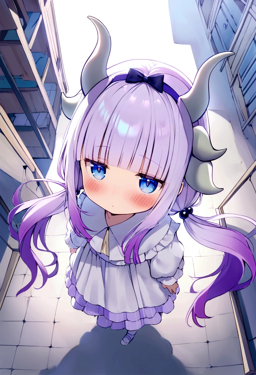 {kanna_kamui_kobayashisanchinomaidragon:1.15}, long_hair, light_purple_hair, blue_eyes, hair_ornament, bangs, blush, multicolored_hair, twintails, blunt_bangs, hair_beads, beads, hairband, gradient_hair, low_twintails, horns, dragon_horns, purple_hair,'s build,bird's-eye view