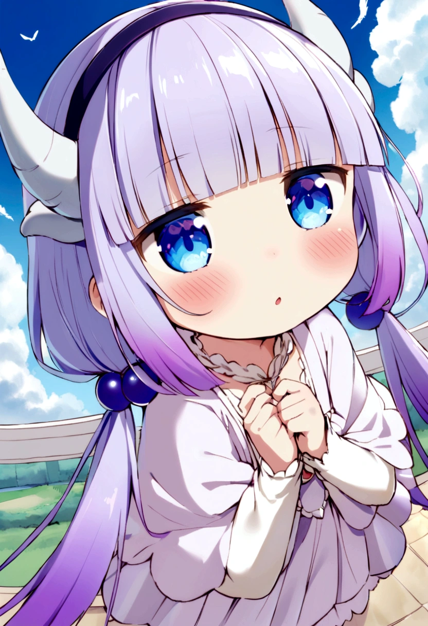  {kanna_kamui_kobayashisanchinomaidragon:1.15}, long_hair, light_purple_hair, blue_eyes, hair_ornament, bangs, blush, multicolored_hair, twintails, blunt_bangs, hair_beads, beads, hairband, gradient_hair, low_twintails, horns, dragon_horns, purple_hair,child's build,bird's-eye view