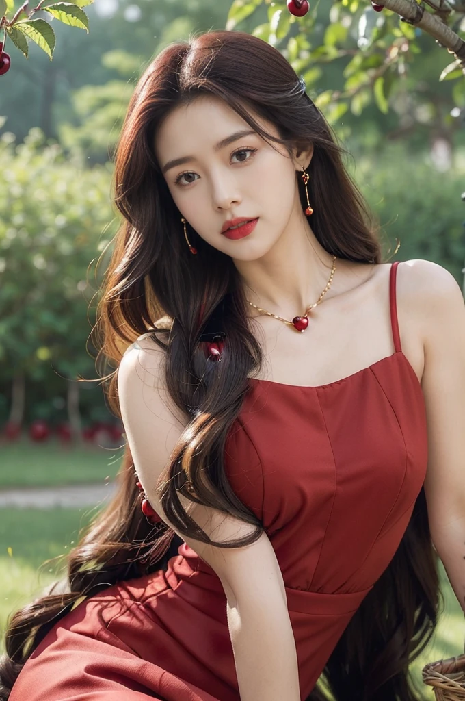 (((best quality))),(((ultra detailed))),(((masterpiece))),illustration,1 beautiful girl,solo,earrings,necklace,medium straight hair,slim,flat chest,red dress,summer,(cherry orchard full of red cherries:1.3),sunlight,dappled light,fair skin,smile,(ripest cherries on the trees:1.3),red lips,peaceful,summer breeze,hair fluttering,setting sun,radiant hue,beauty grace,basket,upper body