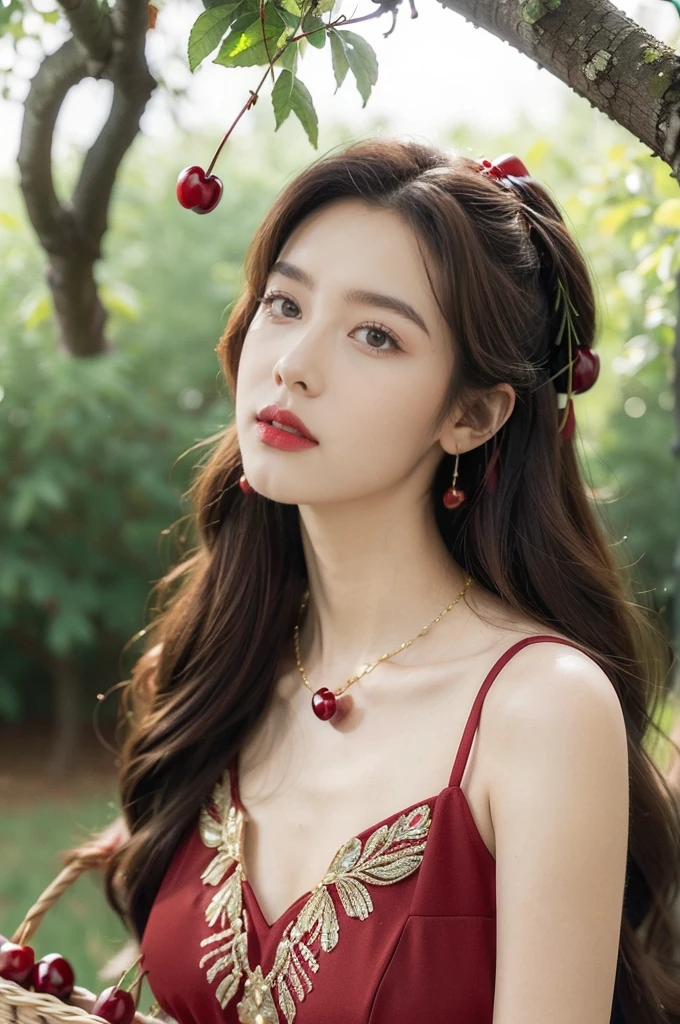(((best quality))),(((ultra detailed))),(((masterpiece))),illustration,1 beautiful girl,solo,earrings,necklace,medium straight hair,slim,flat chest,red dress,summer,(cherry orchard full of red cherries:1.3),sunlight,dappled light,fair skin,smile,(ripest cherries on the trees:1.3),red lips,peaceful,summer breeze,hair fluttering,setting sun,radiant hue,beauty grace,basket,upper body