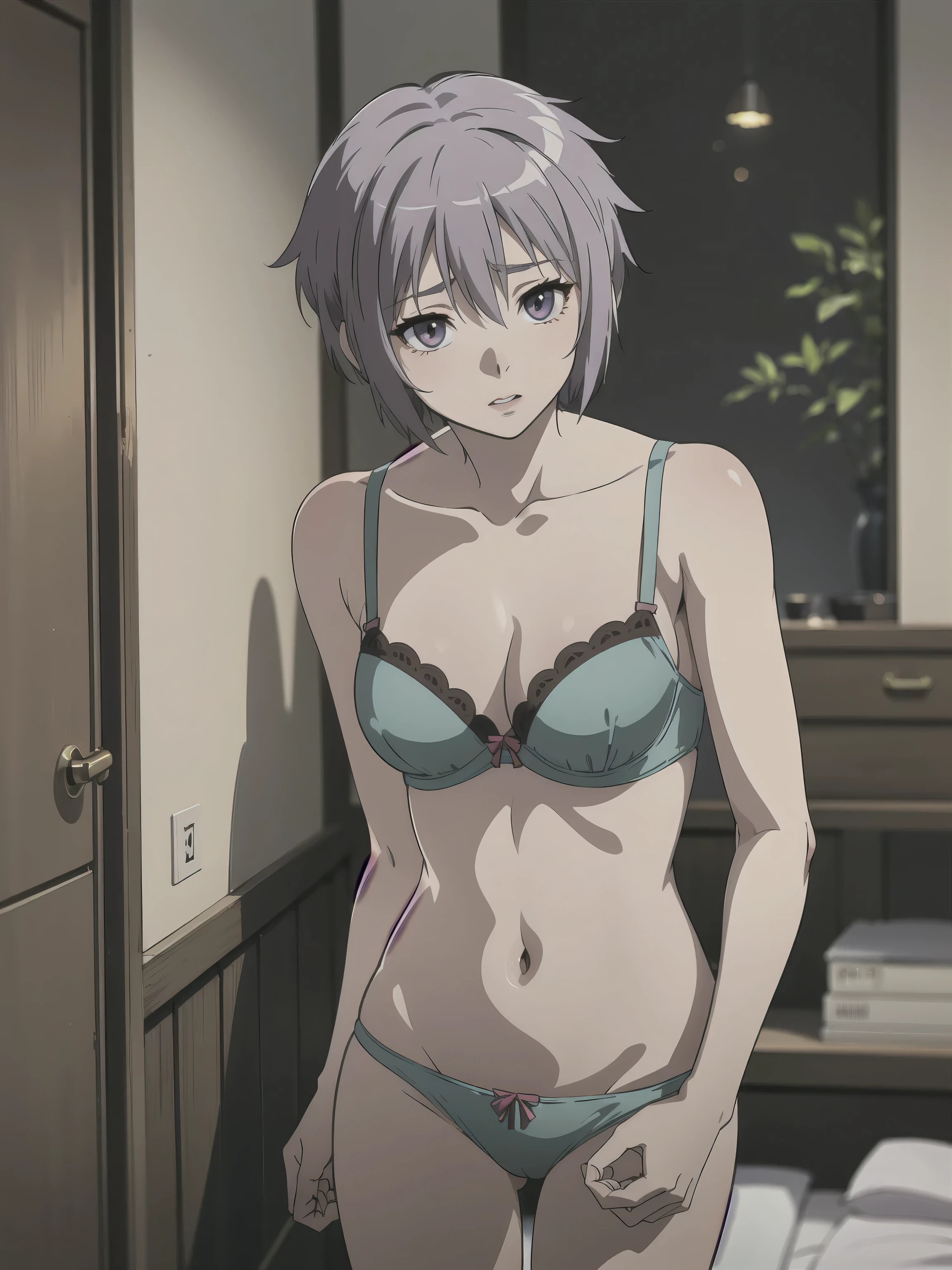 (A superb exquisite yuki nagato), (yuki nagato:1.5), brown eyes, brown hair, natural straight hair, solo, nature, extremely delicate, straight facial features, peerless beautiful girl, soft, (sensual face), ((ecchi face)), dreamy quality, exaggerated facial features, solid color, frank holly, delicate face, bright lips, slender waist, soft curves, super fine, 4k, natural moving, Ultra high resolution, (masterpiece:1.2, best quality), (finely detailed beautiful eyes: 1.2), (beautiful detailed face), sexy nude model, sexy pose, (medium chest), (Perfect Body Proportions), (bedroom), Mekosuji, Spread your legs a little and show off your crotch, bra & panties,