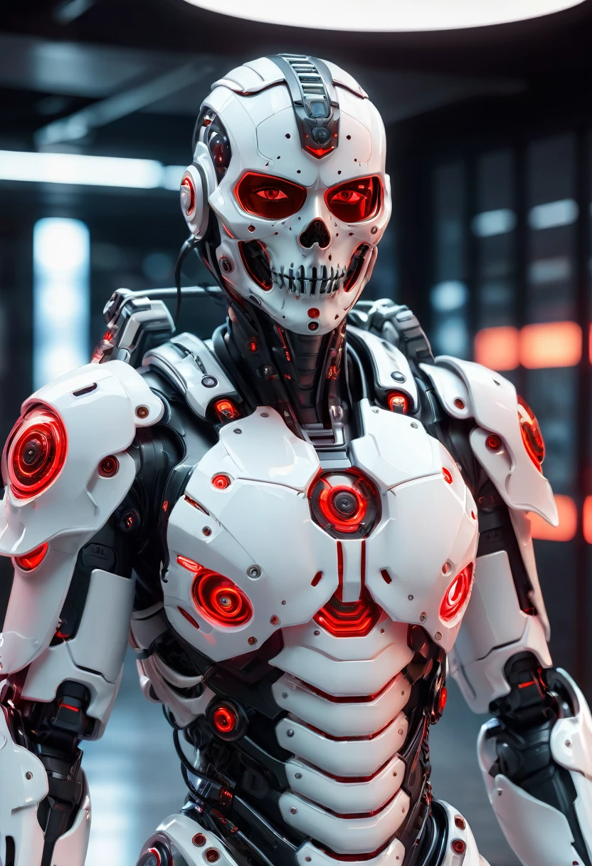 the white cyborg with skull face mask, focus on advanced technology and agility. Equip the Exoskeleton Armor, the Enhanced Sensors for quick repositioning. ultra realistic, 8k uhd, fully weapon gears, solid armor, at center body got nano tech in red neon circle gears, high impact design and concept, big shoulder armour, hold a big hi tech sword with one line neon red color,