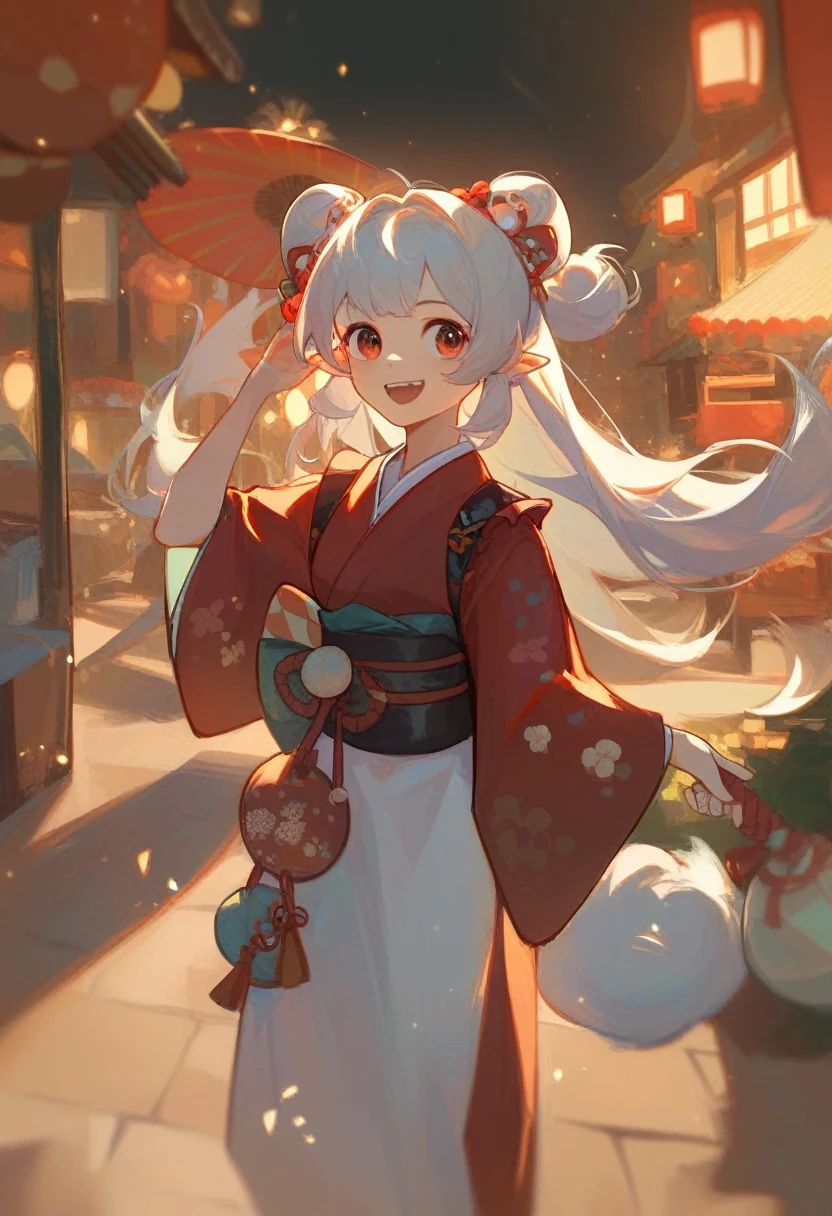 1 girl, long hair, festival outfit, night, tanghulu, cute, smile, kimono, short skrt, detail outfit, detail hair style, flying hair, light