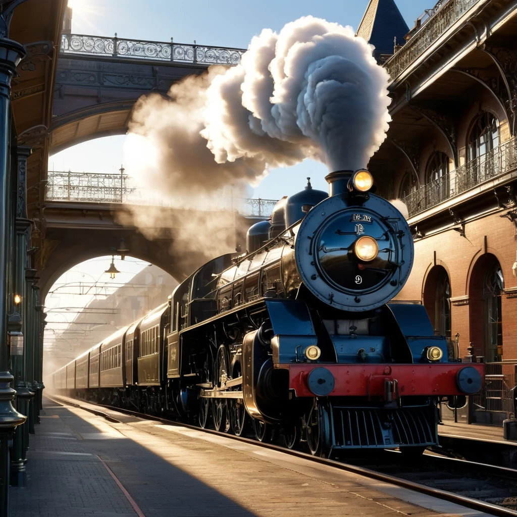 Create an incredibly amazing and fantastical image with "Award Winning Detailed Steam." Imagine a grand, old-world steam locomotive in the midst of a dramatic departure from a beautifully detailed Victorian-era train station. The locomotive is an engineering marvel, with gleaming brass and polished steel, adorned with intricate engravings and ornate decorations.

In the foreground, the steam from the locomotive billows and swirls with incredible detail, capturing the essence of movement and the play of light and shadow within the vapor. The steam is so finely detailed that every wisp and tendril can be seen, creating a dynamic and almost ethereal effect.

The train station is bustling with life, with elegantly dressed passengers and porters moving about. The architecture of the station features grand arches, stained glass windows, and wrought iron detailing, all rendered with sharp clarity and intricate design.

In the background, the platform is lined with gas lamps emitting a warm, inviting glow, their light refracted through the swirling steam, creating a magical and nostalgic atmosphere. The scene is further enhanced by the setting sun, casting a golden light that highlights the details of the locomotive and the station.

The color palette should be rich and warm, with the metallic sheen of the locomotive contrasted against the soft, diffuse light of the steam and the warm tones of the station's architecture. Use detailed, flowing lines to capture the intricate beauty and motion of the steam and the harmonious composition of the scene.