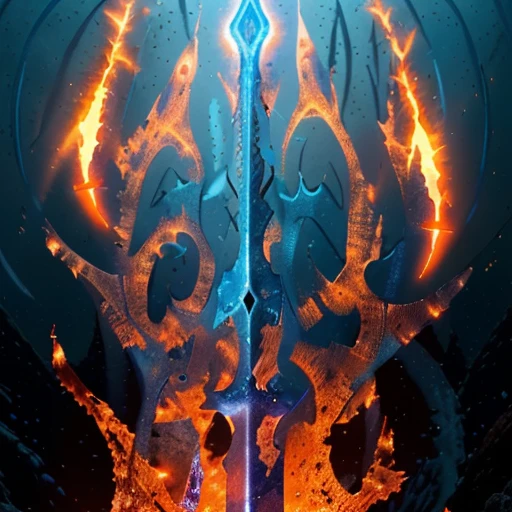 A holy long sword, blue orange and red, holy luminesvebt glyphs, in bottom of ocean, fire aura, beautiful decourations, insane details, 8k, uhd, photorealistic,Raw photo,high quality,16k resolution,vivid colors, with luminescent effects