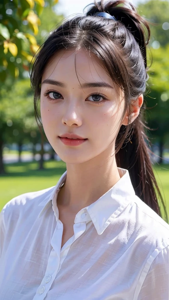 White collared shirt,jeans,outdoors,Urban Park,On the lawn,One woman,close up face,fully body photo,masutepiece, The highest image quality, High quality, the background is clear,Beautiful woman, Japanese, Detailed, Ultra-detailed, finely detail, hight resolution, 8K Wallpaper, Perfect dynamic composition, Beautiful detailed eyes ,Detailed eyes, Detailed skin, Beautiful skin, 超hight resolution, (reality: 1.4),Very beautiful woman, Slightly younger face, Beautiful skin, slender, (Ultra photo realsisim), (hight resolution), (8K), (Very detailed) (beautifully detailed eyes), (super detailed), (Detailed face), view the viewer, Fine details, Detailed face, Staring straight ahead, Staring straight ahead, photos realistic, Bright lighting, Professional Lighting, Black hair,poneyTail,a baby face,sixteen years old,Hairstyle: ponytail,Long ponytail hairstyle,slight smile,
