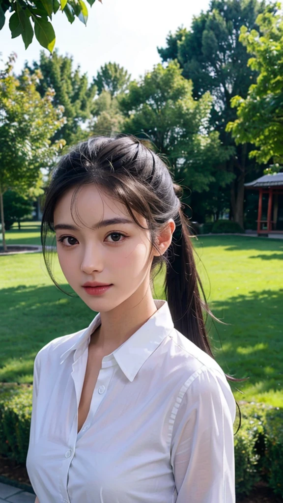 White collared shirt,jeans,outdoors,Urban Park,On the lawn,One woman,close up face,fully body photo,masutepiece, The highest image quality, High quality, the background is clear,Beautiful woman, Japanese, Detailed, Ultra-detailed, finely detail, hight resolution, 8K Wallpaper, Perfect dynamic composition, Beautiful detailed eyes ,Detailed eyes, Detailed skin, Beautiful skin, 超hight resolution, (reality: 1.4),Very beautiful woman, Slightly younger face, Beautiful skin, slender, (Ultra photo realsisim), (hight resolution), (8K), (Very detailed) (beautifully detailed eyes), (super detailed), (Detailed face), view the viewer, Fine details, Detailed face, Staring straight ahead, Staring straight ahead, photos realistic, Bright lighting, Professional Lighting, Black hair,poneyTail,a baby face,sixteen years old,Hairstyle: ponytail,Long ponytail hairstyle,slight smile,