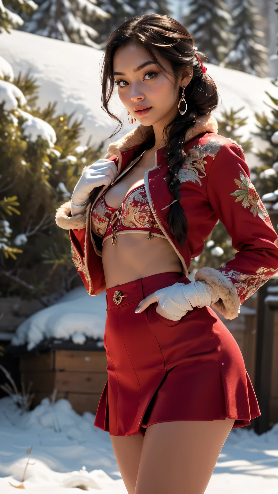 Cute Japanese elf woman,
(((flat chest))),((((black hair:1.35,twintails braids hair,colored inner hair,ear breathing)))),(((red_eyes:1.3))),intricate eyes,beautiful detailed eyes,symmetrical eyes,big eyes:1.5,(((lustrous skin:1.5,bright skin: 1.5,skin tanned,shiny skin,very shiny skin,shiny body,plastic glitter skin,exaggerated shiny skin,illuminated skin))),(detailed body,(detailed face)),
cute,slutty,erotic,daring,nsfw,
zettai ryouiki,revealing clothing,show skin,(((Sexy red fur coat, red fur coat outfit, wearing a red fur coat:1.3,red winter coat))), ((red mini-skirt,red mini skirt with furry edge,visible thong straps)),((underpants strap)),(white gloves,red clothes,semi-naked,with little red clothing,(((furry edge clothing)))),(((intricate outfit,intricate clothes,embroidered outfit,ornate outfit,embroidered clothes,ornate clothes))),
(dynamic pose:1.0),embarrassed,(centered,scale to fit dimensions,Rule of thirds),
((snowy pine forest)),winter,scenery:1.25,((intricate scenery)),((snow forest background)),
(Glossy winter ornaments),highres,sharp focus,(ultra detailed,extremely detailed),(photorealistic artwork:1.37),(extremely detailed CG unity 8k wallpaper),(((vibrant colors,vibrant theme))),(intricate),(masterpiece),(best quality),artistic photography,(photography taken by sldr),(intricate background),perfect rendered face,perfect face details,realistic face,photo realistic,analog style,((intricate detail)),(((realism))),