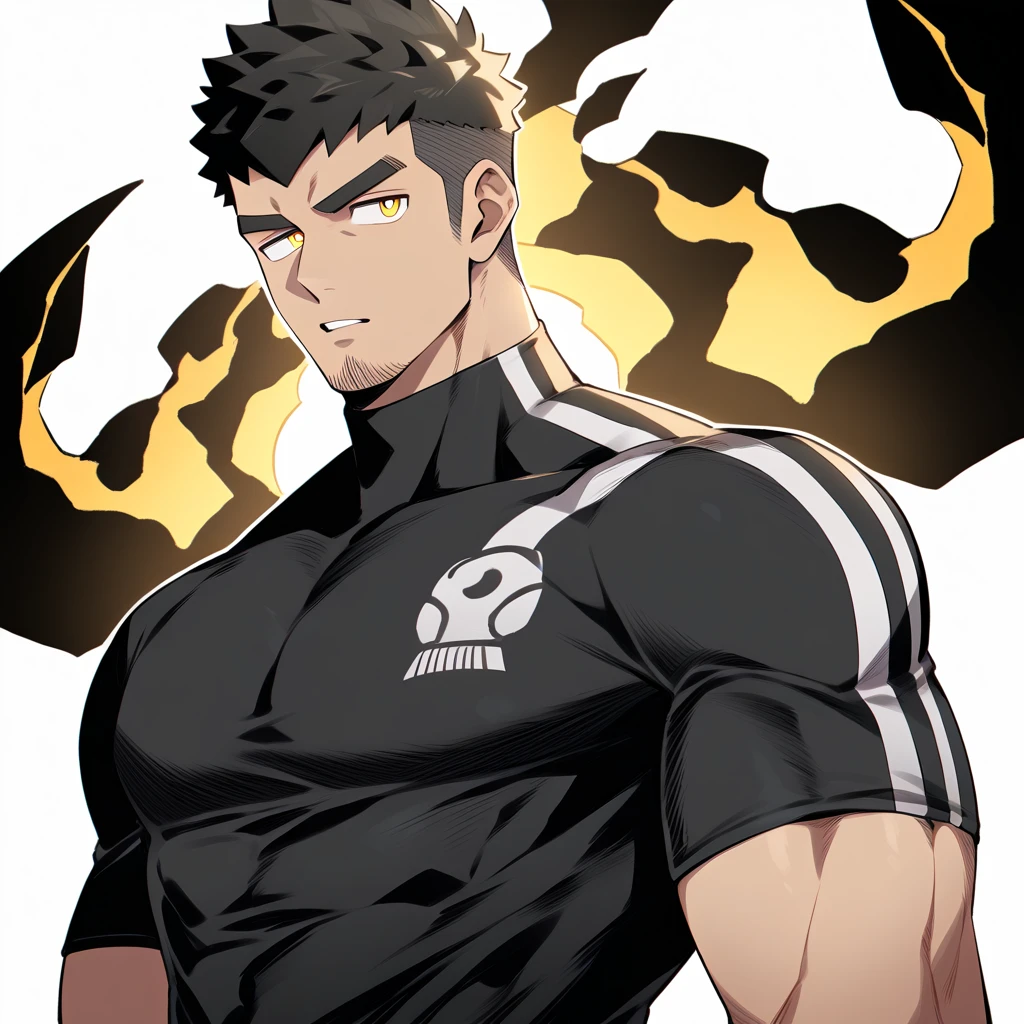 one negro, anime characters:Gyee, Hibino Kafka, One Muscle Sports Student, ????? black skin, Very Black, muscular tough guy, Manliness, male focus, Grey long sleeve turtleneck tight t-shirt, Regular symmetrical pattern, Very tight, muscular male, muscular, only, Upper body, alone, Black short hair, Thick eyebrows, stubble, Yellow eyes, White background, simple background, amazing quality, best aesthetics, Ridiculous, bright pupils, crew cut, parted lips, v-shaped eyebrows, jitome, best quality