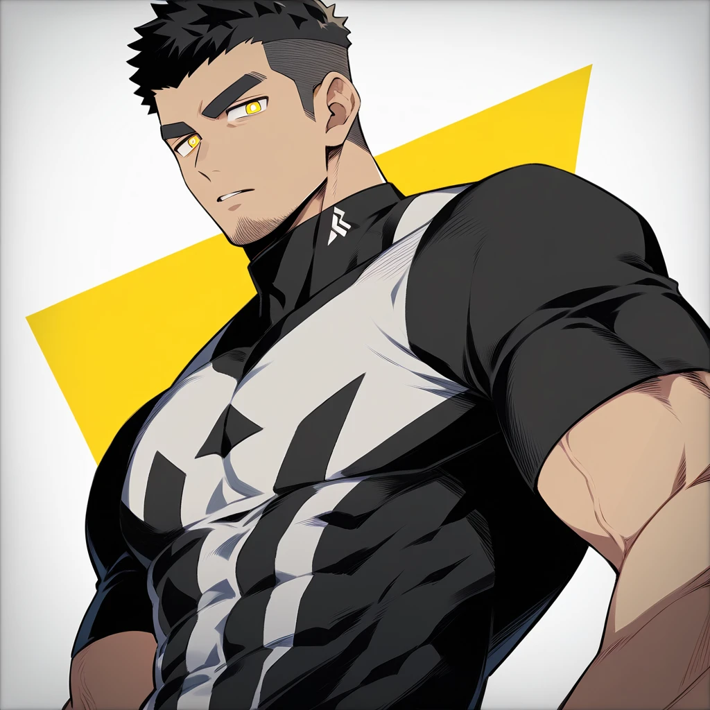 one negro, anime characters：Gyee, Hibino Kafka, One Muscle Sports Student, negro black skin, Very Black, muscular tough guy, Manliness, male focus, Grey long sleeve turtleneck tight t-shirt, Regular symmetrical pattern, Very tight, muscular male, muscular, only, Upper body, alone, Black short hair, Thick eyebrows, stubble, Yellow eyes, White background, simple background, amazing quality, best aesthetics, Ridiculous, bright pupils, crew cut, parted lips, v-shaped eyebrows, jitome, best quality