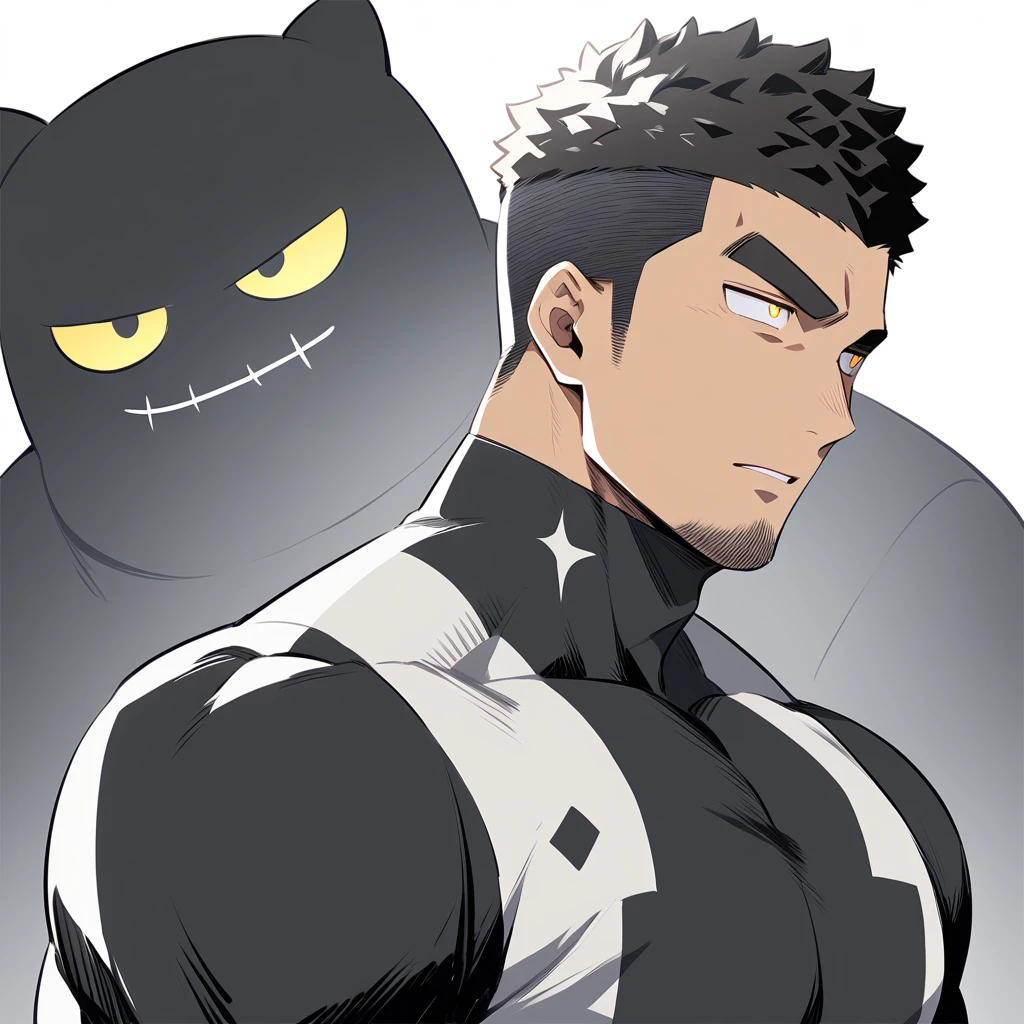 one negro, anime characters：Gyee, Hibino Kafka, One Muscle Sports Student, negro black skin, Very Black, muscular tough guy, Manliness, male focus, Grey long sleeve turtleneck tight t-shirt, Regular symmetrical pattern, Very tight, muscular male, muscular, only, Upper body, alone, Black short hair, Thick eyebrows, stubble, Yellow eyes, White background, simple background, amazing quality, best aesthetics, Ridiculous, bright pupils, crew cut, parted lips, v-shaped eyebrows, jitome, best quality
