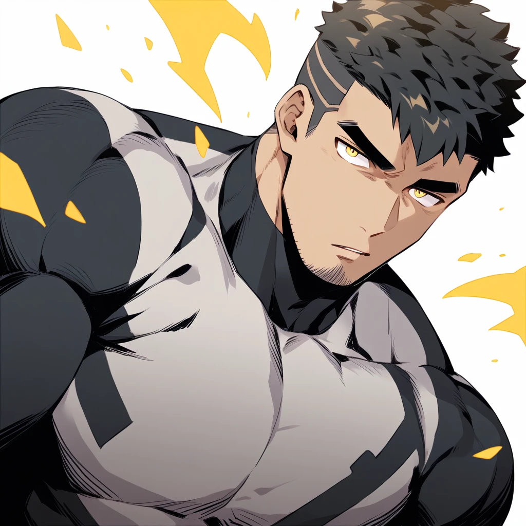 one negro, anime characters：Gyee, Hibino Kafka, One Muscle Sports Student, negro black skin, Very Black, muscular tough guy, Manliness, male focus, Grey long sleeve turtleneck tight t-shirt, Regular symmetrical pattern, Very tight, muscular male, muscular, only, Upper body, alone, Black short hair, Thick eyebrows, stubble, Yellow eyes, White background, simple background, amazing quality, best aesthetics, Ridiculous, bright pupils, crew cut, parted lips, v-shaped eyebrows, jitome, best quality