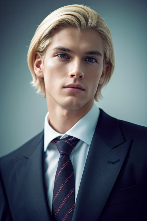 Blonde boys、wearing a suit and a tie、A photo with the body and head in a straight line, Turn the photo to face the viewer, Focus on the lens, In the photo you can see the shoulders and head, Man in the center of the photo, 8k, Highest quality, Tabletop, Realistic, Realistic photo, Cinematic photography, ultra Realistic, Perfect lighting, dsrl, Professional photos, 4K muscular