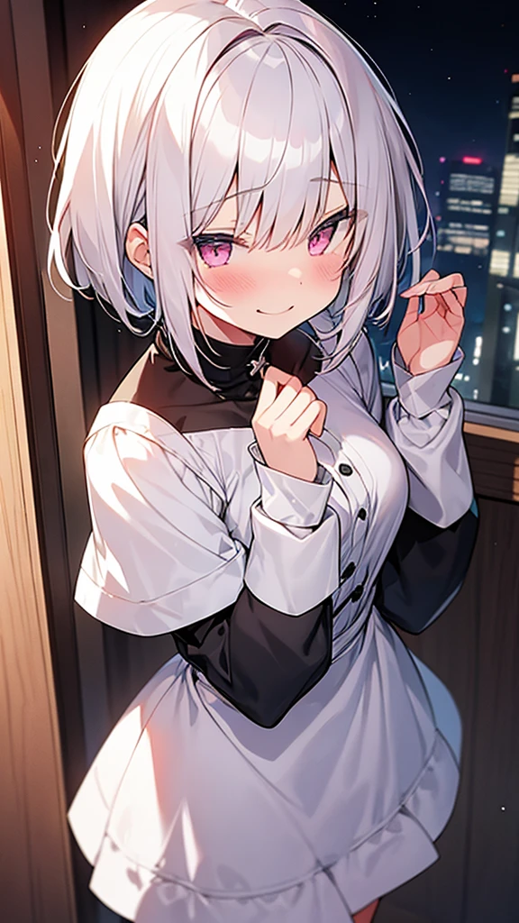 White Hair Girl、Pink Eyes、Short Hair、Only one girl、Night、In the bedroom、Blushing、laughing