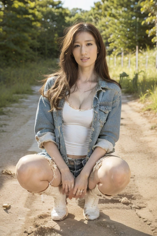 Highest quality，high resolution，(Original Photography:1.3)，A sad woman, 20 years old, Practical, Perfect body，(She wears torn clothes、torn jacket、Torn short skirt、Boots), (City in ruins), Small cleavage，Sexy bulge, Messy long hair， (City in ruins), Delicate face, Mess,  (Milky white liquid on the body、Dirt on the body), Long legs，High heel