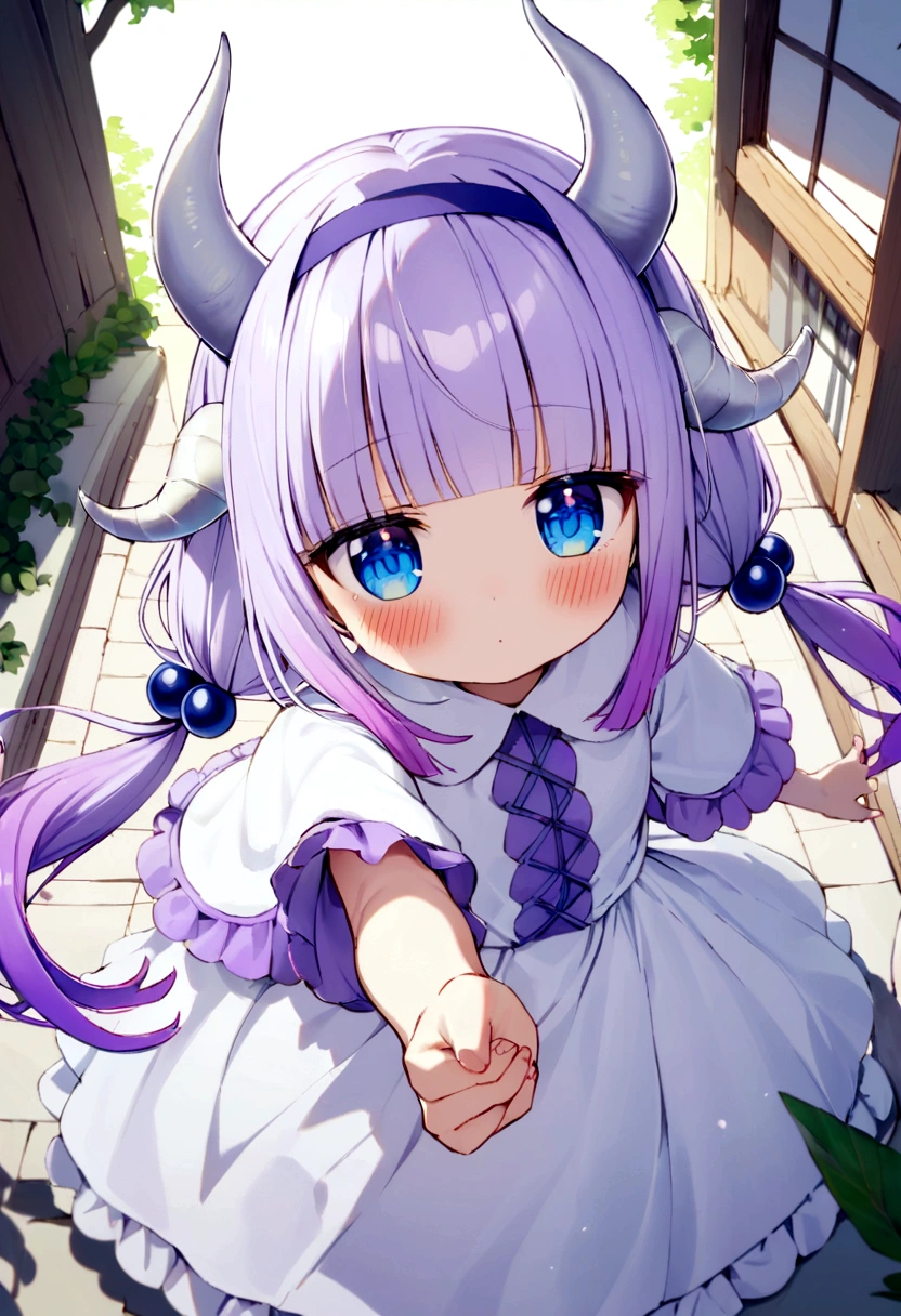 {kanna_kamui_kobayashisanchinomaidragon:1.15}, long_hair, light_purple_hair, blue_eyes, hair_ornament, bangs, blush, multicolored_hair, twintails, blunt_bangs, hair_beads, beads, hairband, gradient_hair, low_twintails, horns, dragon_horns, purple_hair,'s build,bird's-eye view,extend one's arm,Grab my hand.