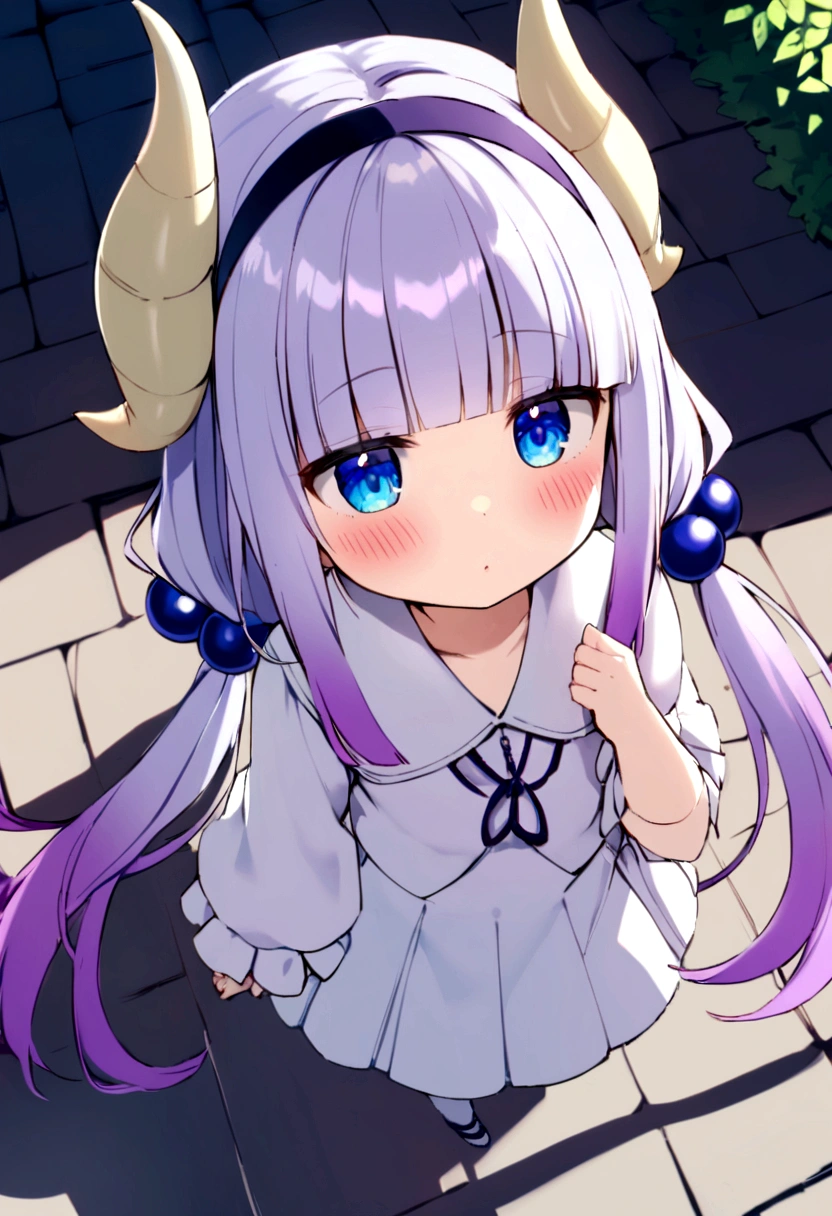 {kanna_kamui_kobayashisanchinomaidragon:1.15}, long_hair, light_purple_hair, blue_eyes, hair_ornament, bangs, blush, multicolored_hair, twintails, blunt_bangs, hair_beads, beads, hairband, gradient_hair, low_twintails, horns, dragon_horns, purple_hair,child's build,bird's-eye view,extend one's arm