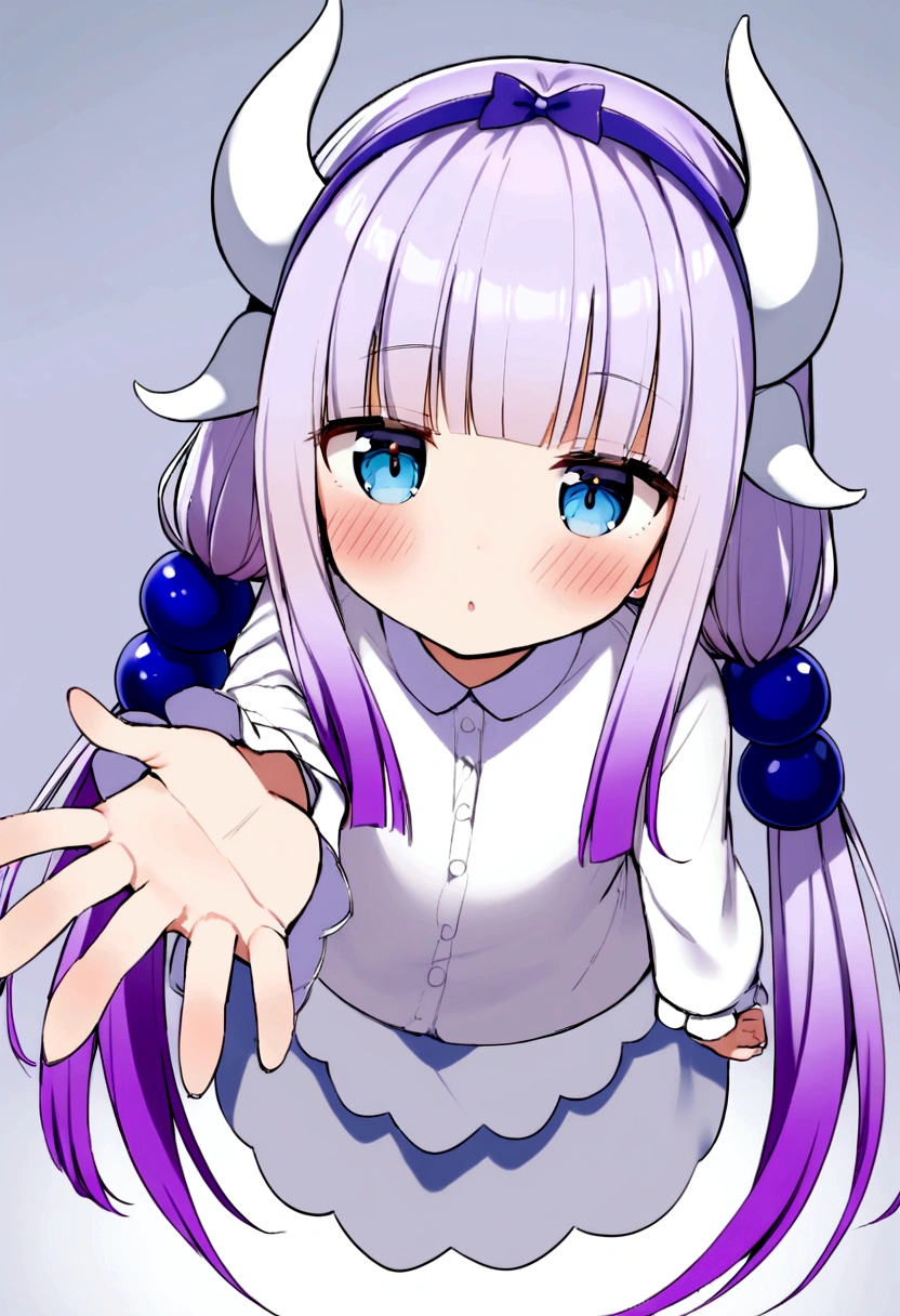  {kanna_kamui_kobayashisanchinomaidragon:1.15}, long_hair, light_purple_hair, blue_eyes, hair_ornament, bangs, blush, multicolored_hair, twintails, blunt_bangs, hair_beads, beads, hairband, gradient_hair, low_twintails, horns, dragon_horns, purple_hair,'s build,bird's-eye view,extend one's arm