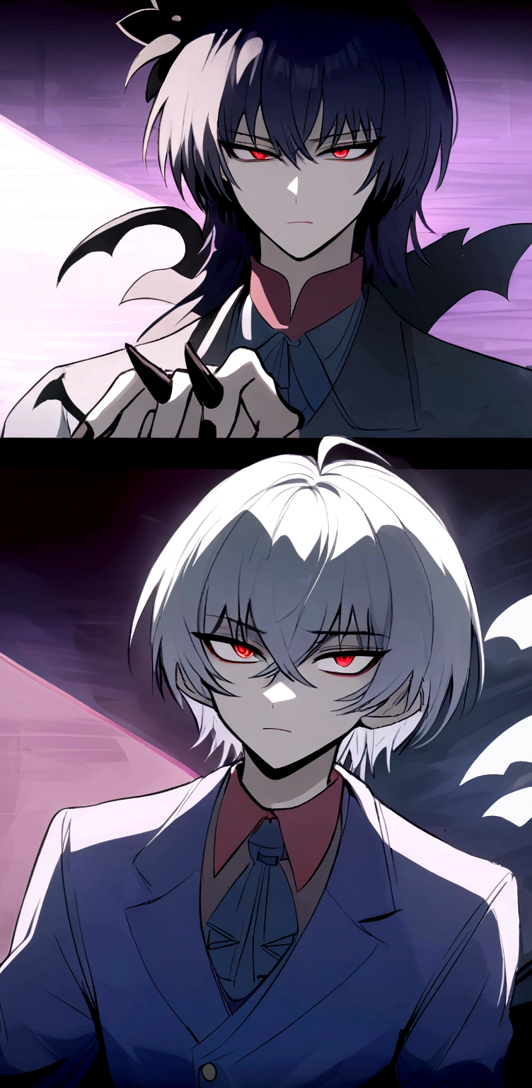 White-haired boy, devil, red vertical pupil eyes, shining eyes, sharp nails, black nails, sharp fangs,short bob hair, expressionless, animated movie, devil소년, Superpowers, The Power of Darkness