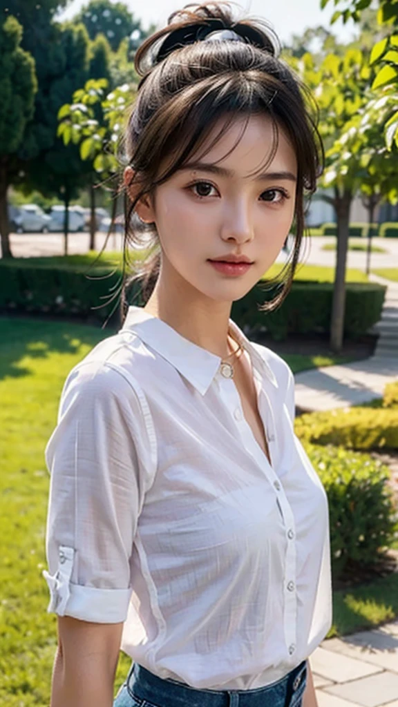 White collared shirt,jeans,outdoors,Urban Park,On the lawn,One woman,close up face,fully body photo,masutepiece, The highest image quality, High quality, the background is clear,Beautiful woman, Japanese, Detailed, Ultra-detailed, finely detail, hight resolution, 8K Wallpaper, Perfect dynamic composition, Beautiful detailed eyes ,Detailed eyes, Detailed skin, Beautiful skin, 超hight resolution, (reality: 1.4),Very beautiful woman, Slightly younger face, Beautiful skin, slender, (Ultra photo realsisim), (hight resolution), (8K), (Very detailed) (beautifully detailed eyes), (super detailed), (Detailed face), view the viewer, Fine details, Detailed face, Staring straight ahead, Staring straight ahead, photos realistic, Bright lighting, Professional Lighting, Black hair,poneyTail,a ,sixteen ye: ponytail,Long ponytail hairstyle,slight smile,