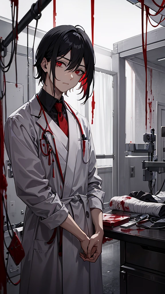 Mental hospital, male, patient, black hair, red eyes, hospital gown, bandages, blood stains