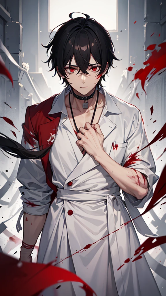 Mental hospital, male, patient, black hair, red eyes, hospital gown, bandages, blood stains