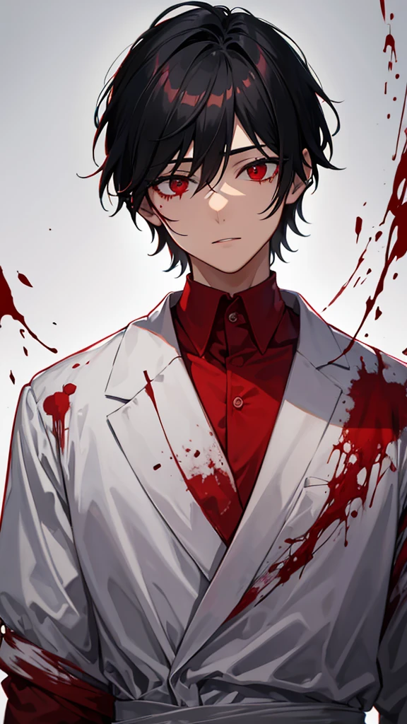absurds, High res, ultra Detailed, megami magazine, (from from below:1.2), daiagonal view, Cowboy Shooting, Classrooms、, School Uniforms,, holding axe, Looking Viewer, evil grin, glowing eyes, blood on face, blood on clothes, perfect hand, red color theme,The boy,boys,The boy、,
