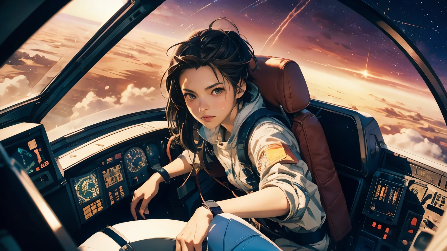 Anime girl looking out the window from an airplane cockpit, makoto shinkai ( Apex Legends ), Portrait Anime Astronaut Girl, Makoto Shinkai's art style, Pilot Girl, Makoto Shinkai style, Makoto Shinkai Cyril Rolland, cute Pilot Girl, makoto shinkai and bioware, makoto shinkai!