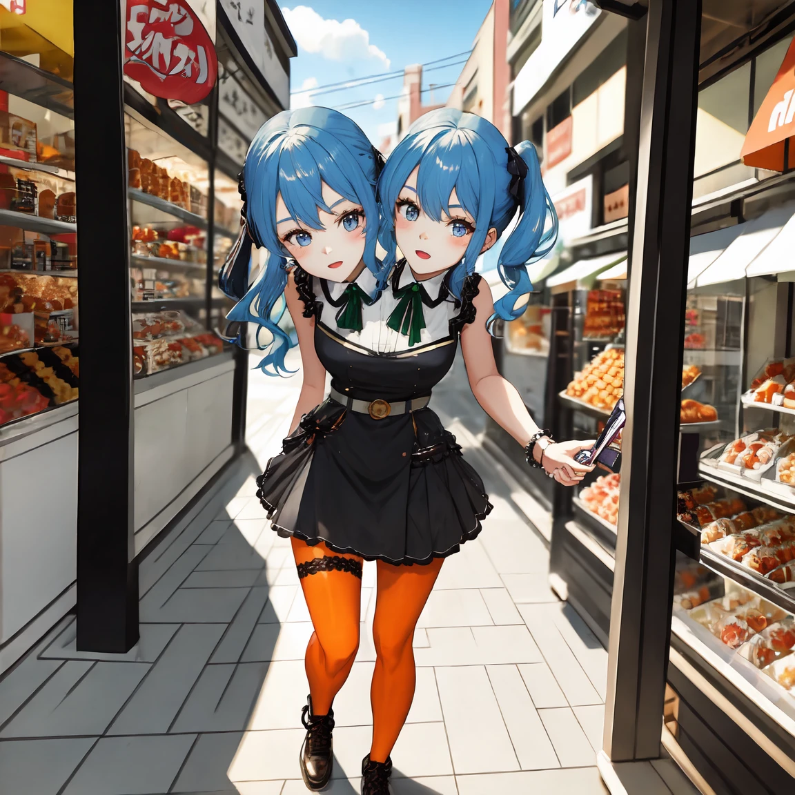 (masterpiece, best quality), best resolution, 16k, BREAK, close-up, BREAK, (2heads:1.5), (cheek-to-cheek), 1girl, solo, BREAK, HoshimachiSuisei, side ponytail, blue hair ribbon, SuiseiStreet, long hair, half updo, black beret, black dress, collared dress, sleeveless, bow earrings, lace choker, neck ribbon, black belt, orange pantyhose, o-ring thigh strap, single garter strap, BREAK, ((hand holding a wallet)), walking, BREAK, ((eyes up looking sideways:1.3)), BREAK, surprised, frustrating, open mouth, BREAK, city, Shopping Street, street vendor, BREAK, morning