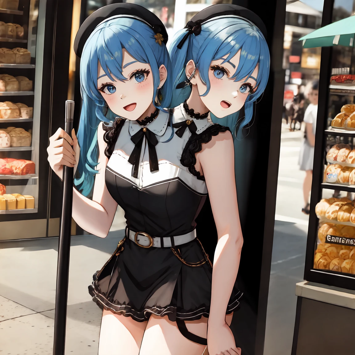 (masterpiece, best quality), best resolution, 16k, BREAK, close-up, BREAK, (2heads:1.5), (cheek-to-cheek), 1girl, solo, BREAK, HoshimachiSuisei, side ponytail, blue hair ribbon, SuiseiStreet, long hair, half updo, black beret, black dress, collared dress, sleeveless, bow earrings, lace choker, neck ribbon, black belt, orange pantyhose, o-ring thigh strap, single garter strap, BREAK, ((hand holding a wallet)), walking, BREAK, ((eyes up looking sideways:1.3)), BREAK, surprised, frustrating, open mouth, BREAK, city, Shopping Street, street vendor, BREAK, morning