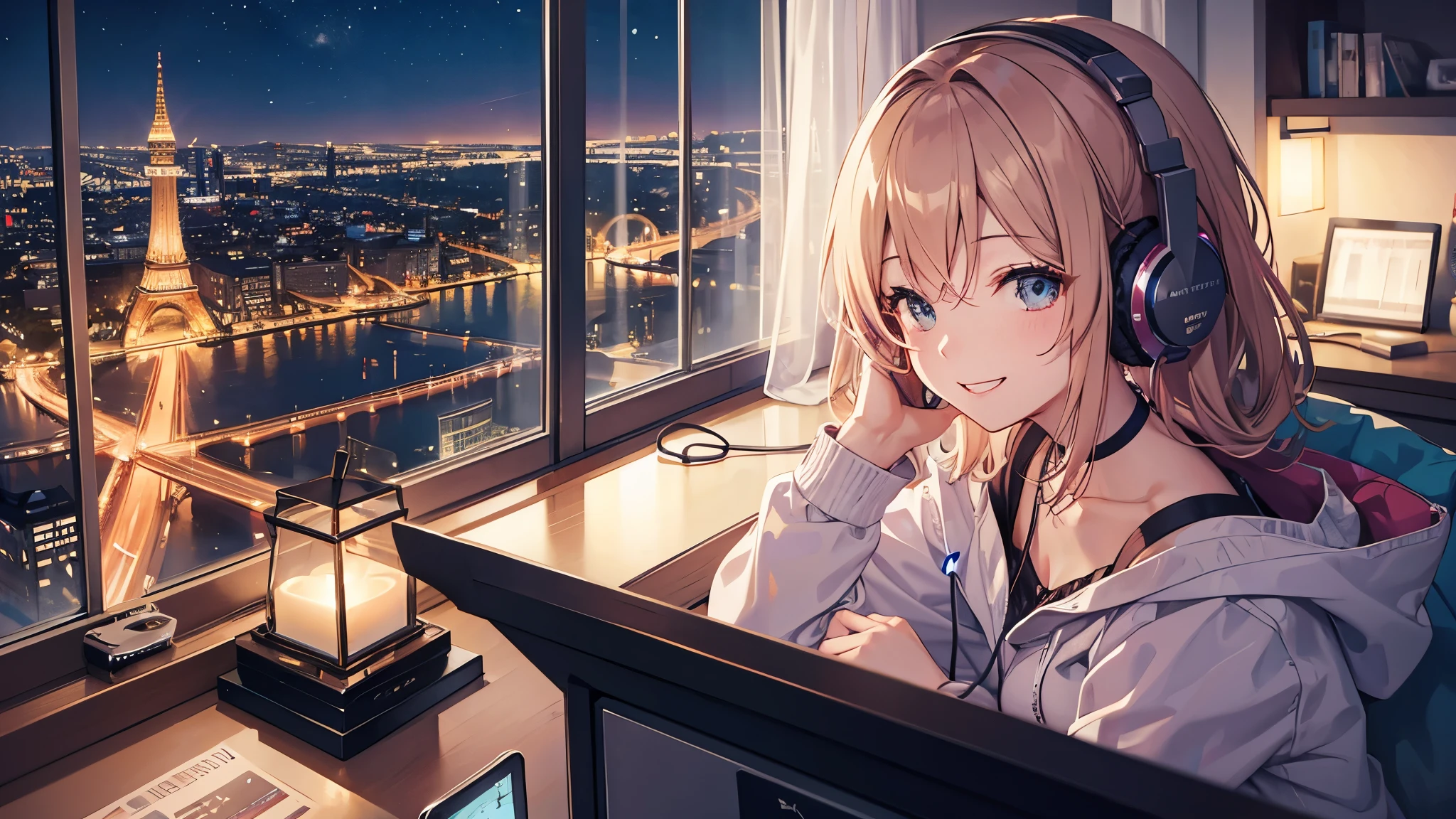 Listening to music through headphones、Smiling woman、Beautiful city from the window、Night view