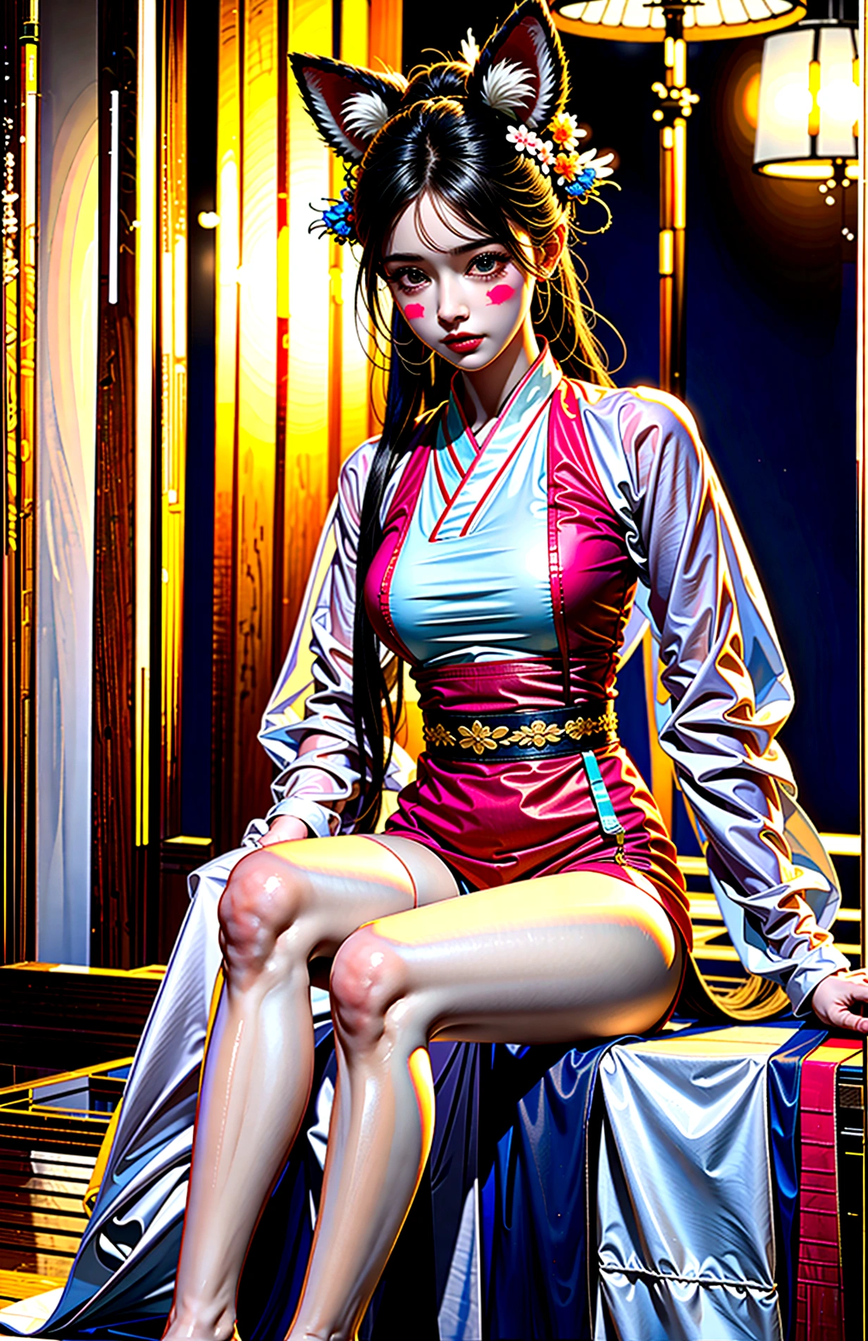 Masterpiece, best quality, full body shot (head and feet in the frame)(highly precise drawing down to the smallest detail)(extremely precise representation)a breathtakingly beautiful japanese yokai kitsune (fox goddess)accompanied by white fox(very athletic human body, fox ears, more than 3 foxtails)) dressed in (in typical color representation) a hanfu clothing worthy of a goddess with a beautiful headdress, fit, small breasts, paper lanterns and peonies, very detailed images, extremely detailed, complicated details, high resolution, super complex details, mfbp1