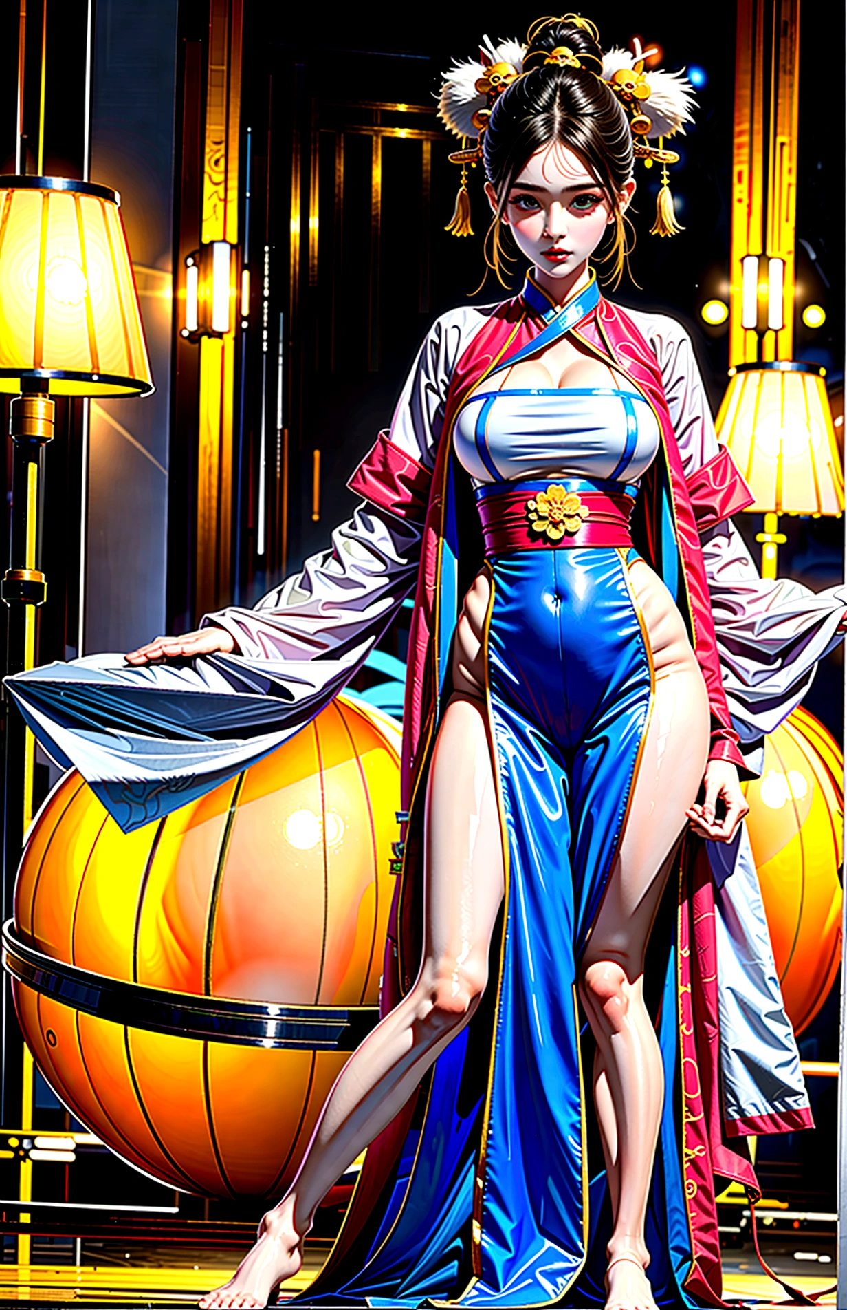 Masterpiece, best quality, full body shot (head and feet in the frame)(highly precise drawing down to the smallest detail)(extremely precise representation)a breathtakingly beautiful japanese yokai kitsune (fox goddess)accompanied by white fox(very athletic human body, fox ears, more than 3 foxtails)) dressed in (in typical color representation) a hanfu clothing worthy of a goddess with a beautiful headdress, fit, small breasts, paper lanterns and peonies, very detailed images, extremely detailed, complicated details, high resolution, super complex details, mfbp1