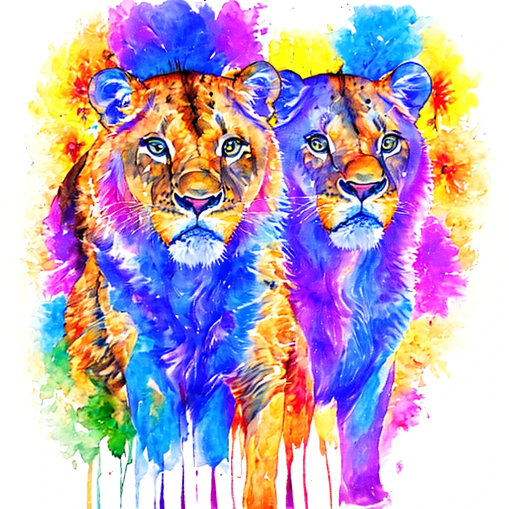 Title: "Lucky Lioness Bouquet: Vintage T-shirt Design" Prompt: Create a 2D sketch of a T-shirt design that shows a happy multi-colored lioness with multi-colored eyes, surrounded by beautiful flowers and smiling widely with a mischievous grin. The lioness should have a beautiful, fair, bright, colorful, hairy appearance and look in a state of pure bliss. The design should be in the style of Animal Art, Pop Art, Low Art and Conceptual Art inspired by the whimsical and colorful works of Ralph Steadman. The background of the design should be plain white, with a little texture or decoration added to add depth and interest. The image should be highly detailed and cinematic, capturing the playful and joyful spirit of the lioness and the bouquet. The lioness should have different colored eyes, which will add to the overall surreal and whimsical feel of the design. The use of bright pastel colors should be encouraged, creating a contrast between the lighter, softer shades of the lioness's coat and the richer, more saturated tones of the flowers. A lioness's hair and fur should be textured and voluminous, appearing thick and full, adding to the overall look of a cute and adorable design. Overall, the design is intended to be a bright, colorful and fun addition to any vintage clothing collection, reflecting the joyful and whimsical spirit of childhood memories and creative wonders