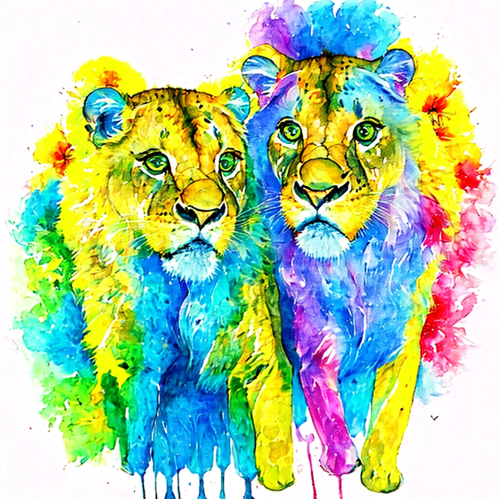 Title: "Lucky Lioness Bouquet: Vintage T-shirt Design" Prompt: Create a 2D sketch of a T-shirt design that shows a happy multi-colored lioness with multi-colored eyes, surrounded by beautiful flowers and smiling widely with a mischievous grin. The lioness should have a beautiful, fair, bright, colorful, hairy appearance and look in a state of pure bliss. The design should be in the style of Animal Art, Pop Art, Low Art and Conceptual Art inspired by the whimsical and colorful works of Ralph Steadman. The background of the design should be plain white, with a little texture or decoration added to add depth and interest. The image should be highly detailed and cinematic, capturing the playful and joyful spirit of the lioness and the bouquet. The lioness should have different colored eyes, which will add to the overall surreal and whimsical feel of the design. The use of bright pastel colors should be encouraged, creating a contrast between the lighter, softer shades of the lioness's coat and the richer, more saturated tones of the flowers. A lioness's hair and fur should be textured and voluminous, appearing thick and full, adding to the overall look of a cute and adorable design. Overall, the design is intended to be a bright, colorful and fun addition to any vintage clothing collection, reflecting the joyful and whimsical spirit of childhood memories and creative wonders