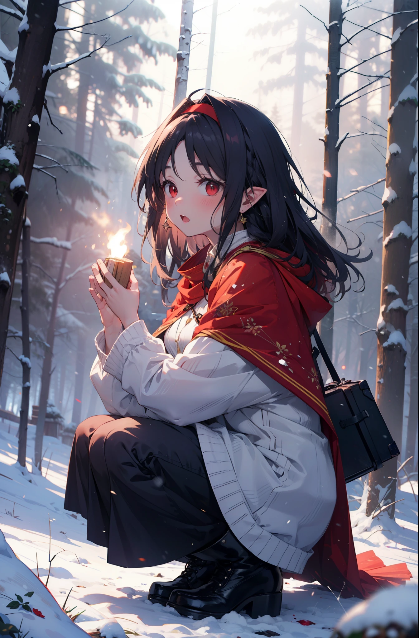 yuukikonno, Yuki Konno, hair band, Long Hair, Pointed Ears, Purple Hair, (Red eyes:1.5), (Small :1.2),blush,White Breath, Open your mouth,snow, Bonfire, Outdoor, boots, snowing, From the side, 地面でBonfireをしている,wood, suitcase, Cape, Blurred, forest, nature, Brown eyes, , Squat, Mouth closed, ,Cape, winter, Written boundary depth, Black shoes, red Cape
break looking at viewer, Upper Body, whole body,
break Outdoor, forest, nature,
break (masterpiece:1.2), Highest quality, High resolution, unity 8k wallpaper, (shape:0.8), (Beautiful and beautiful eyes:1.6), Highly detailed face, Perfect lighting, Extremely detailed CG, (Perfect hands, Perfect Anatomy),