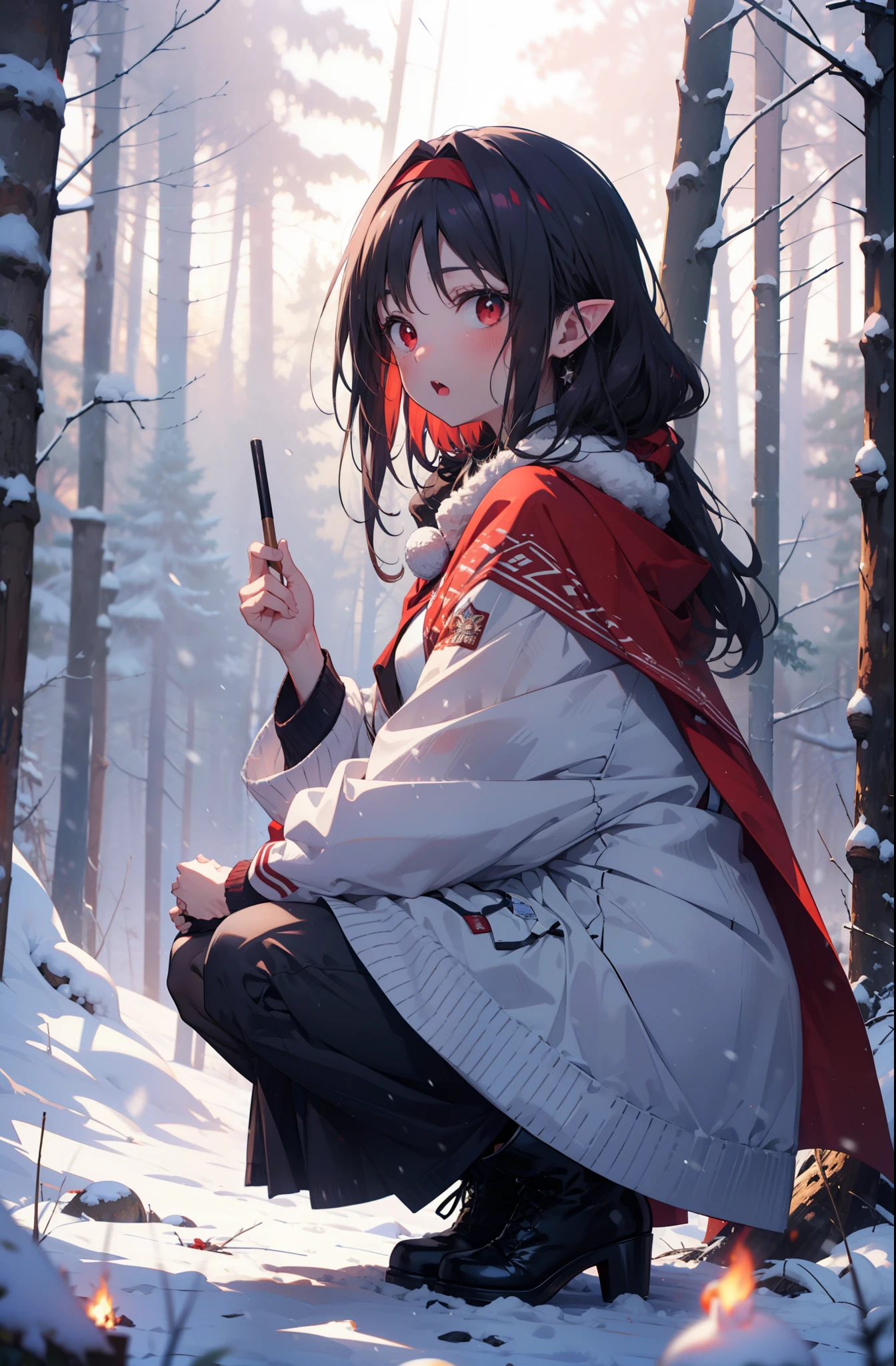 yuukikonno, Yuki Konno, hair band, Long Hair, Pointed Ears, Purple Hair, (Red eyes:1.5), (Small breasts:1.2),blush,White Breath, Open your mouth,snow, Bonfire, Outdoor, boots, snowing, From the side, 地面でBonfireをしている,wood, suitcase, Cape, Blurred, forest,  nature, Brown eyes, , Squat, Mouth closed, ,Cape, winter, Written boundary depth, Black shoes, red Cape
break looking at viewer, Upper Body, whole body,
break Outdoor, forest, nature,
break (masterpiece:1.2), Highest quality, High resolution, unity 8k wallpaper, (shape:0.8), (Beautiful and beautiful eyes:1.6), Highly detailed face, Perfect lighting, Extremely detailed CG, (Perfect hands, Perfect Anatomy),