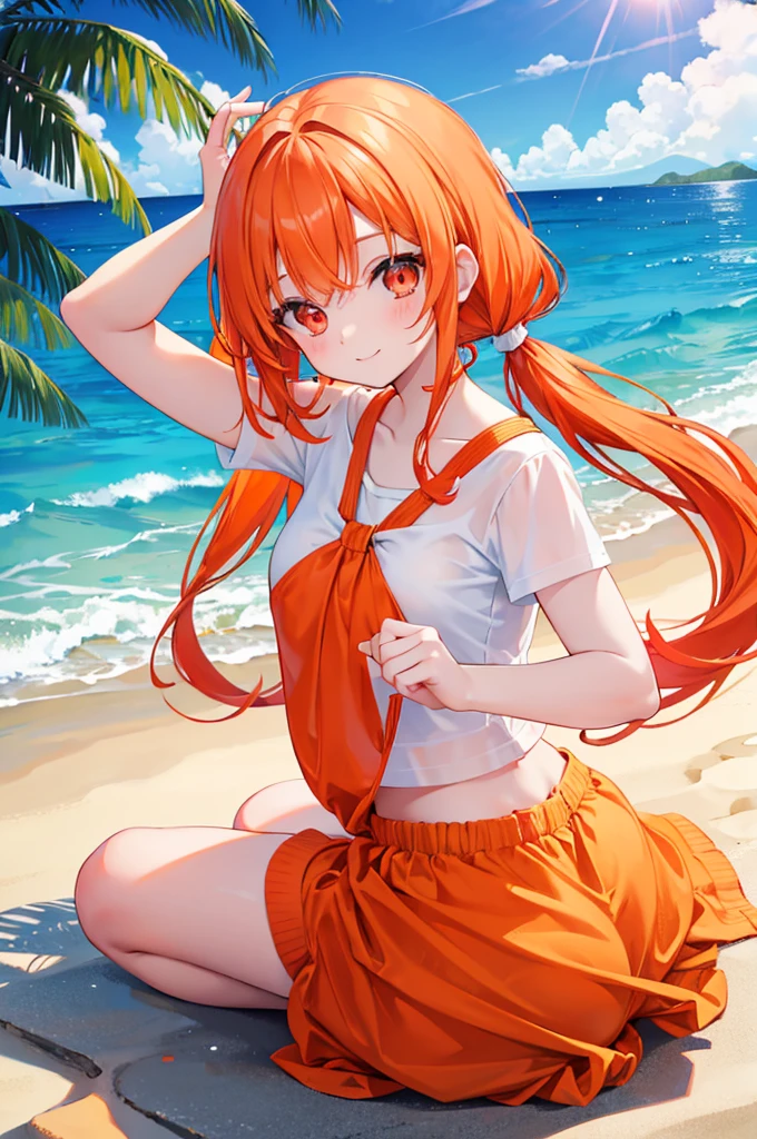 Orange Hair　Half Twin Tail　Red Eyes　beautiful girl　blue sea　White sand beach　Light of the sun　smile