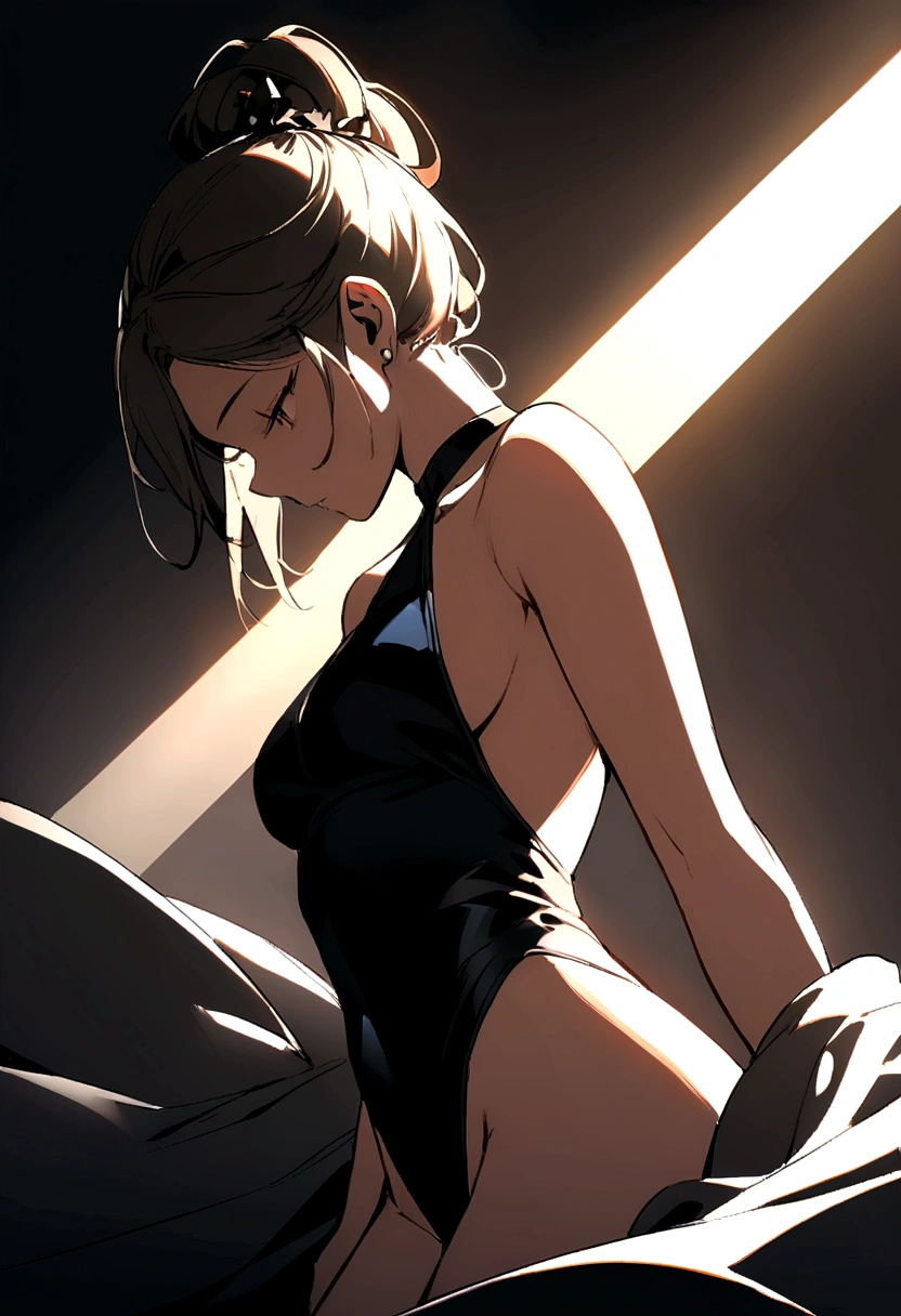 halterneck,
black halterneck leotard,
bare shoulders