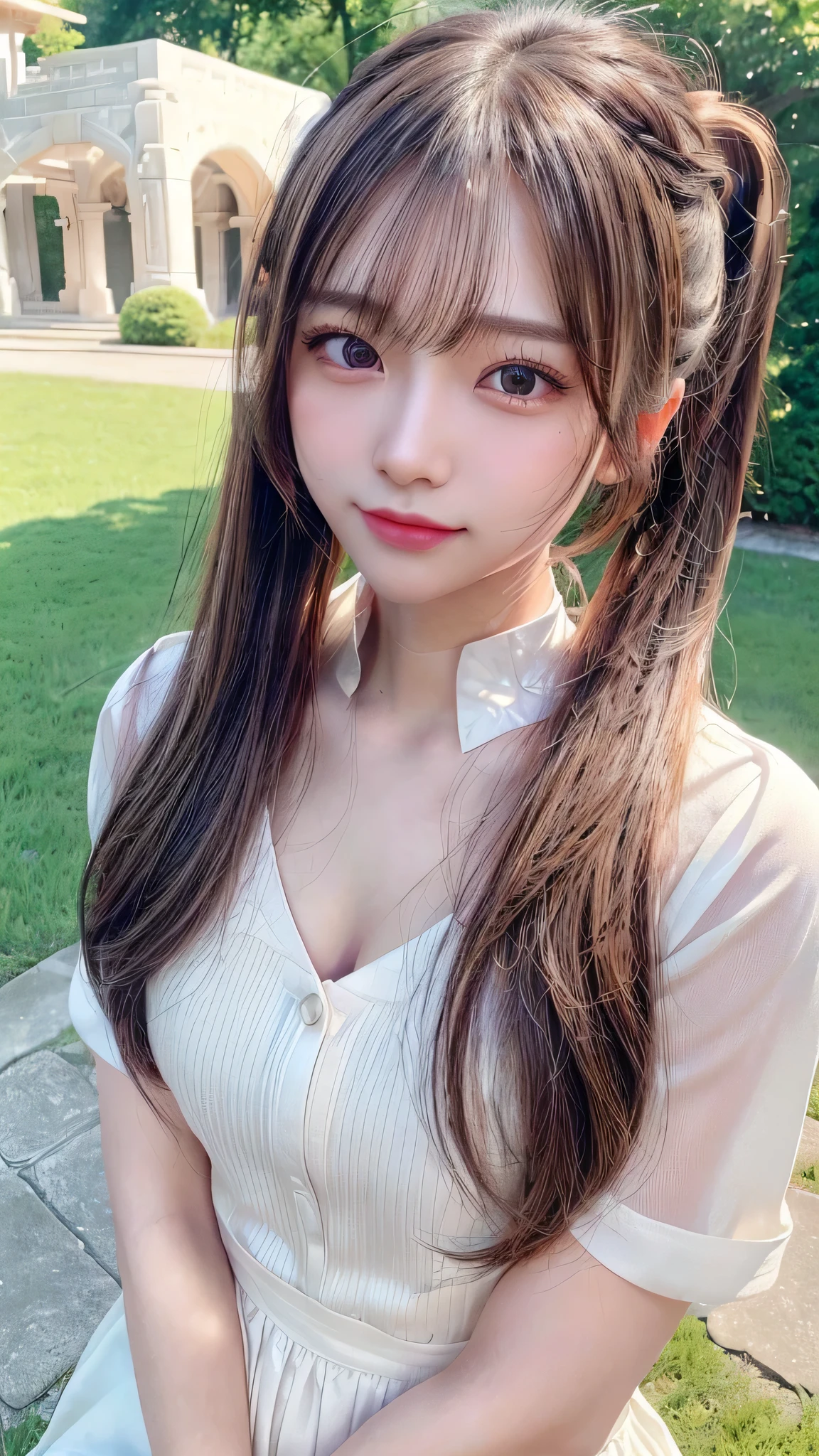 One piece with collar,outdoors,Urban Park,On the lawn,Ultra-detailed, finely detail, hight resolution, 8K Wallpaper, Perfect dynamic composition, Beautiful detailed eyes,Outdoor,Close-up of face,Outdoor,Blushing,Facing forward,,Long hair ponytail,((8k, Raw photo, Best Quality, Mastepiece:1.2), (Realism, Photorealistic:1.4), (Highly detailed 8K wallpapers), Depth of written boundary, Cinematic Lighting, Soft Light, Detailed Beauty Eye,Shiny and smooth light brown ponytail, Asymmetrical bangs, Shiny skin, Ultra-detailed skins ,It is high resolution., High detail, Detailed hairstyle, Detailed facial beauty, Hyper-realistic, Perfect limbs, Perfect Anatomy ,1 Japanese girl,Famous Japanese Idols, Perfect female body,A shy smile,Short eyelashes,Double-edged eyelids,Look straight here,Hair style: ponytail,