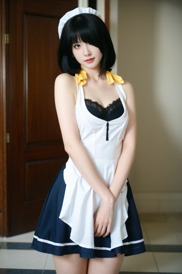 best quality, tmasterpiece,Ultra-high resolution,Clear face,(Reality:1.4),ferpect lighting,(upper body shot), (photorealistic:1.50), anime wallpaper, Guviz style artwork, cover-up fantasy up to magic , by Yang J, Guviz, beautiful artwork illustration, beautiful digital artwork, beautiful digital illustration, Li Song, beautiful anime portrait, art style in Beauvot,tokisaki kurumi, black hair, (low twintails), (hair above one eye:1.7), (red eyes:1.2), (small breasts:1.2), BREAK blush, smile, thighs, bow, ribbon, frills, apron , white upper thigh, wrist cuffs, maid, maid headdress, garter strap, BREAK looking at the audience, BREAK indoors, (maid dress:1.3), Bare shoulders, Bare arms,